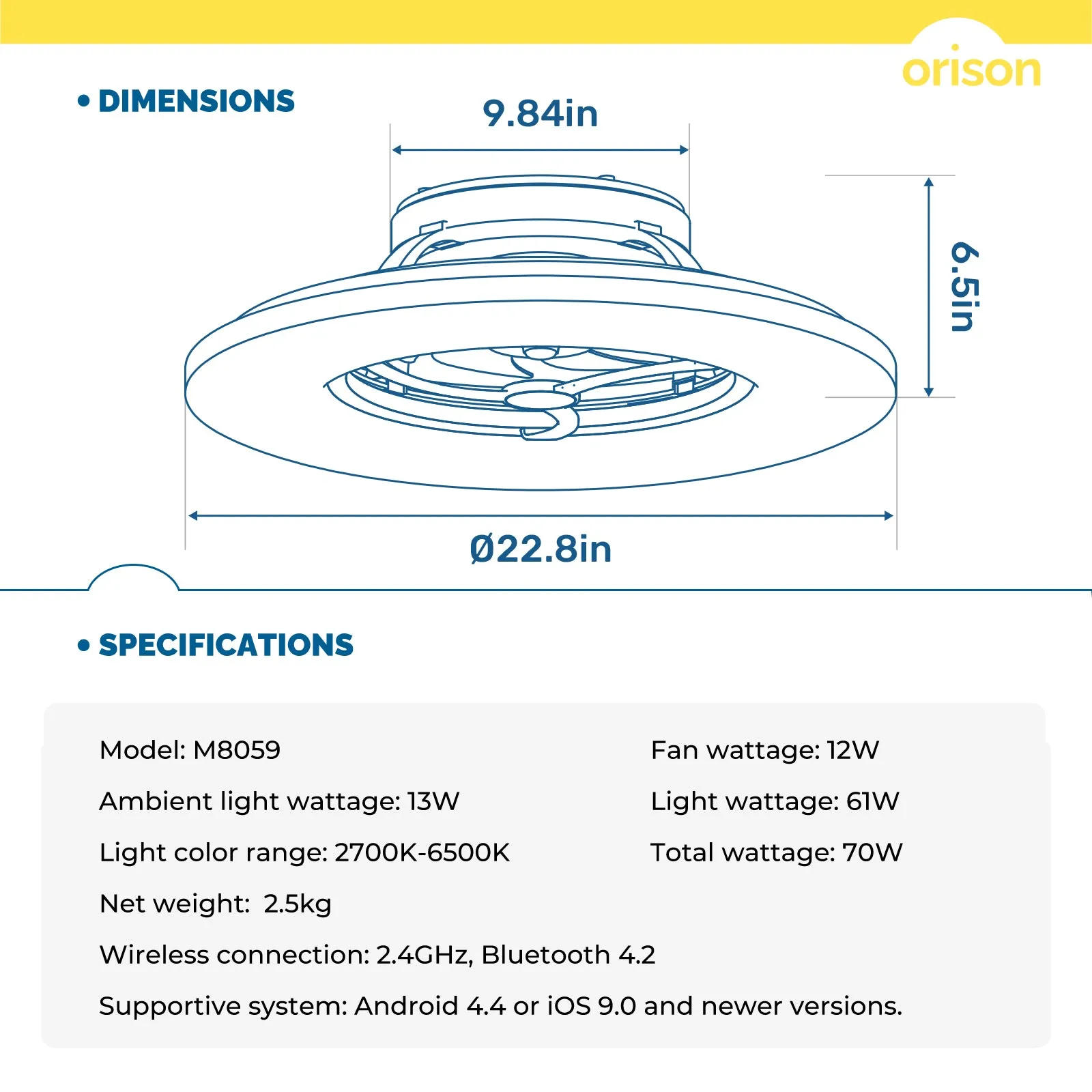 23" Orison Bladeless Ceiling Fan with Light, Timing with Remote Control