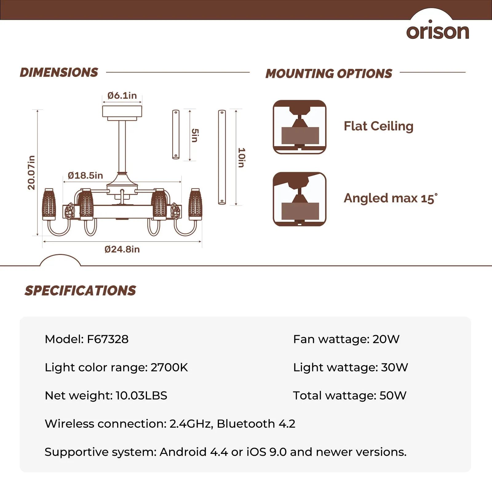 24.8" Orison Fandelier Ceiling Fan With Lights, Dimmable Rustic Fan Light with Remote/APP Control