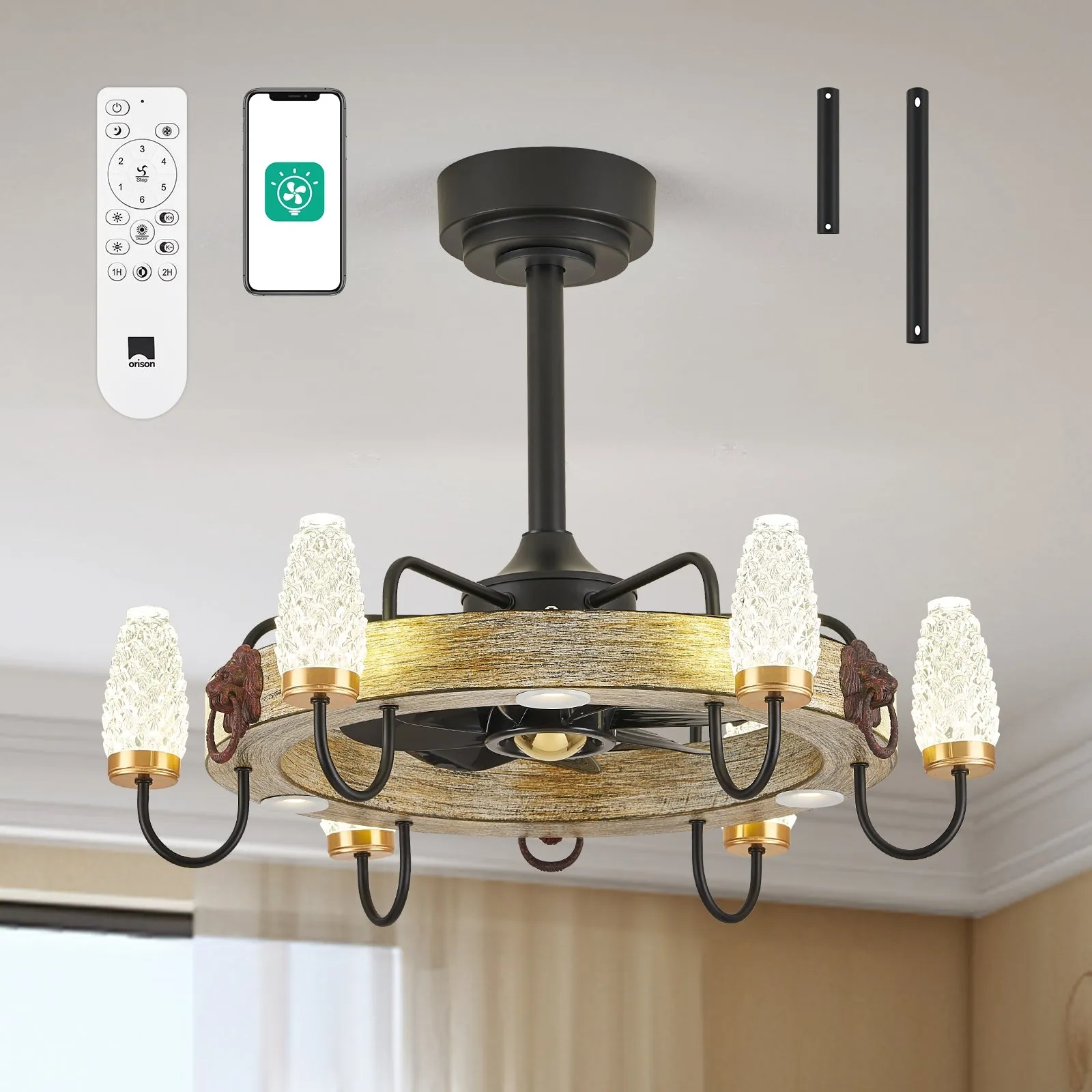 24.8" Orison Fandelier Ceiling Fan With Lights, Dimmable Rustic Fan Light with Remote/APP Control