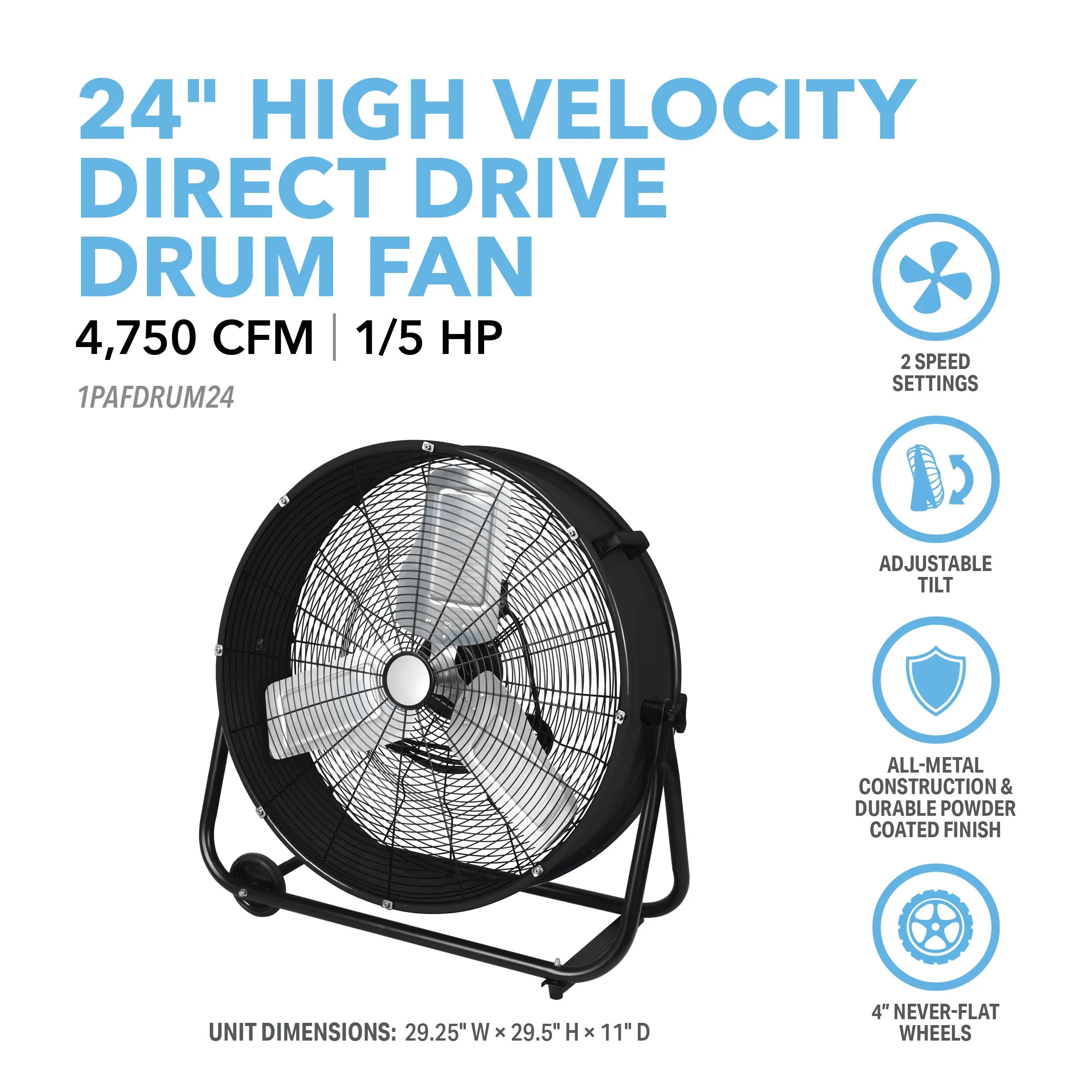 24" High-Velocity Direct Drive Drum Fan with Industrial-Grade Aluminum Blades and Durable Powder Coated Finish