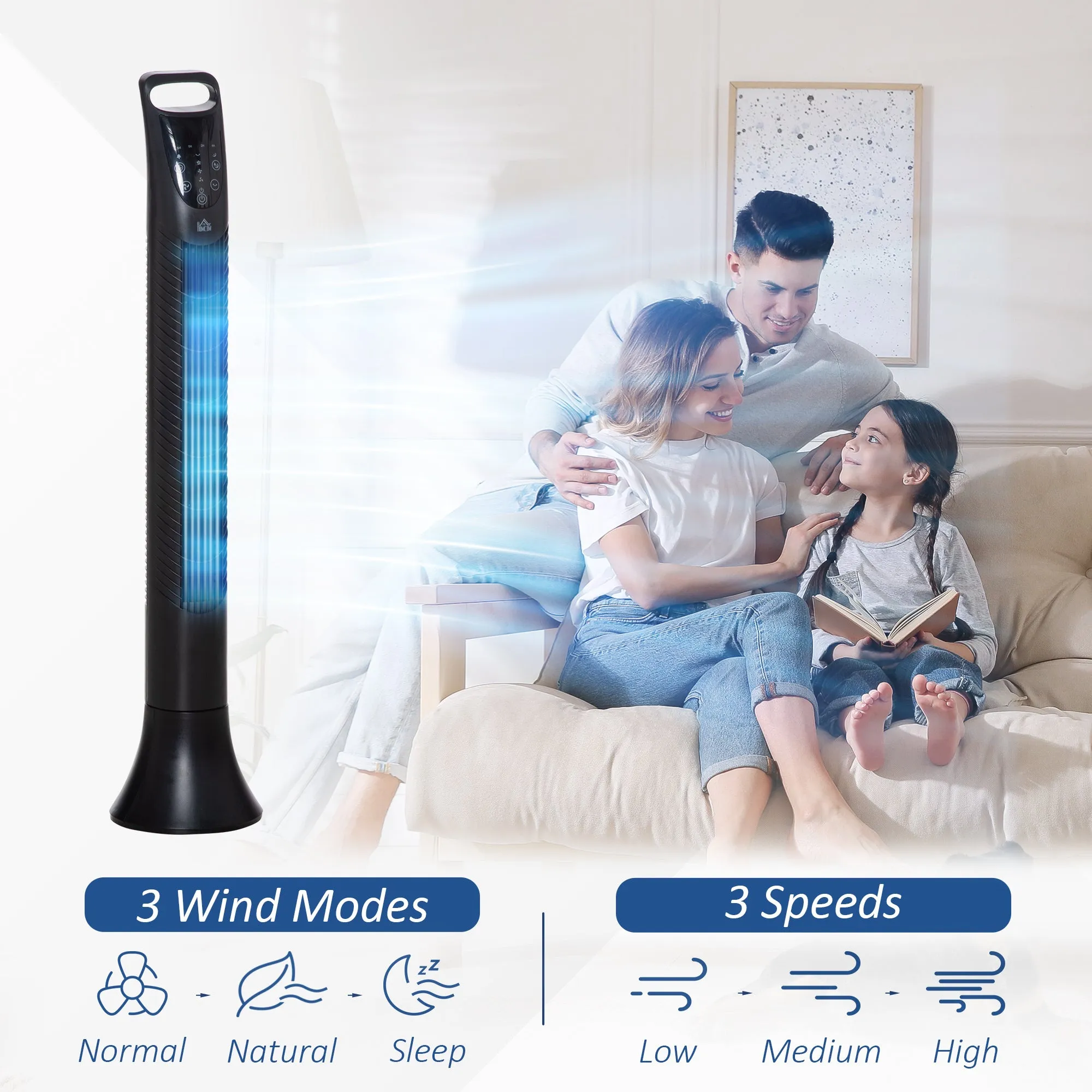 36'' Freestanding Tower Fan, 3 Speed 3 Mode, 7.5h Timer, 70 Degree Oscillation, LED Panel, 5M Remote Controller, Black