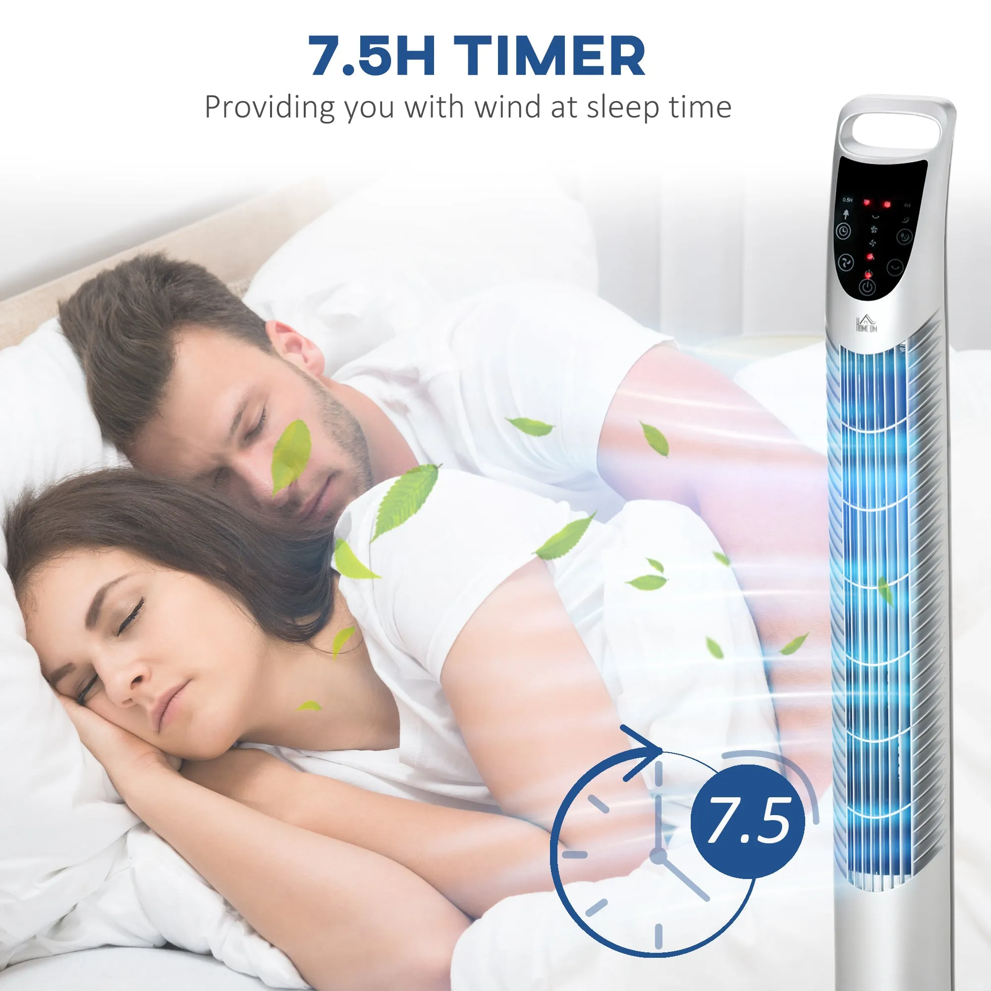 36'' Freestanding Tower Fan, 3 Speed 3 Mode, 7.5h Timer, 70 Degree Oscillation, LED Panel, 5M Remote Controller, Silver