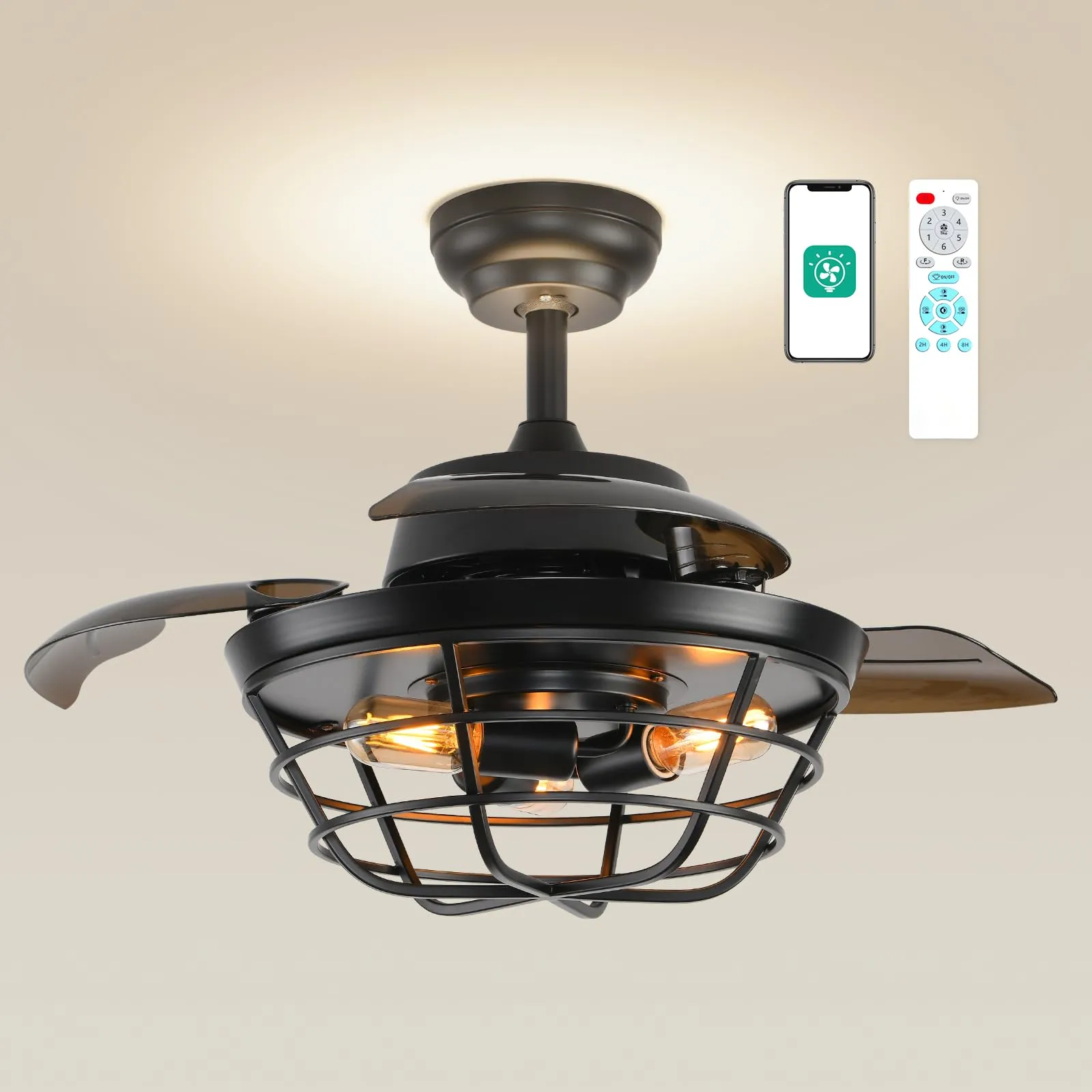 36" Retractable Ceiling Fans with Lights and Remote, Backlit Ambience Light (Bulbs not included)