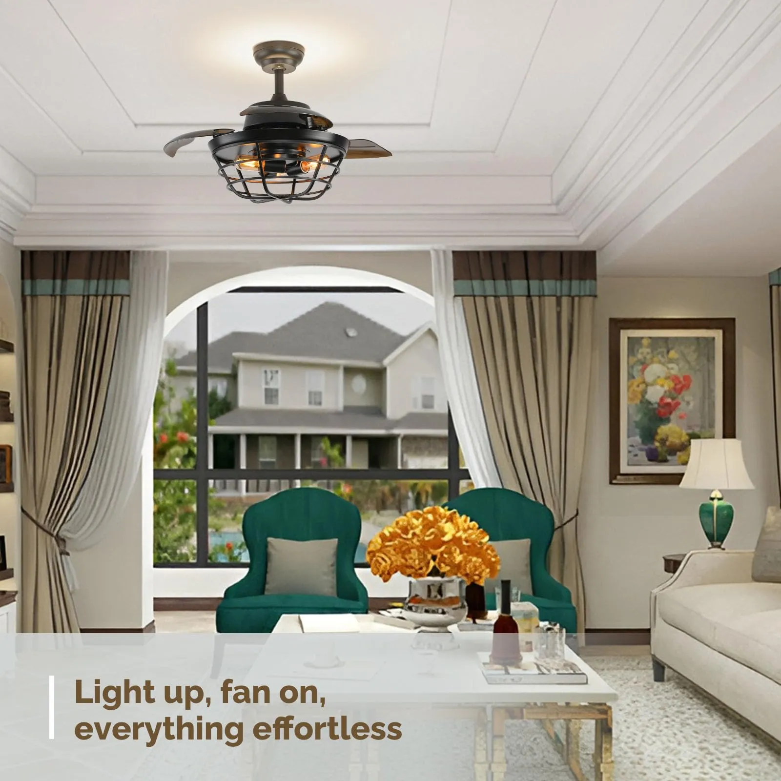 36" Retractable Ceiling Fans with Lights and Remote, Backlit Ambience Light (Bulbs not included)