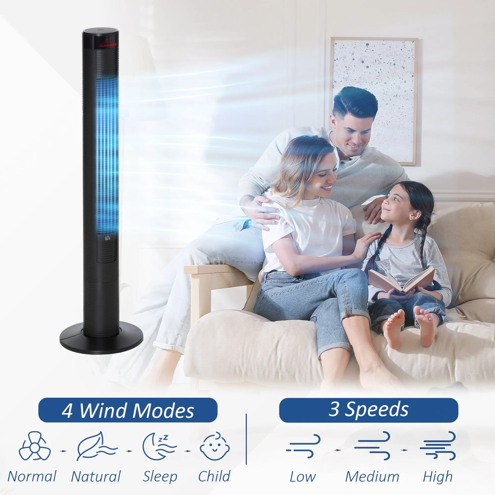 46" Tower Fan w/ Remote Control, 12H Timer, 3 Speed, 4 Modes, Quiet Cooling Fans, Electric Floor Standing Fan for Home Bedroom Office, Black