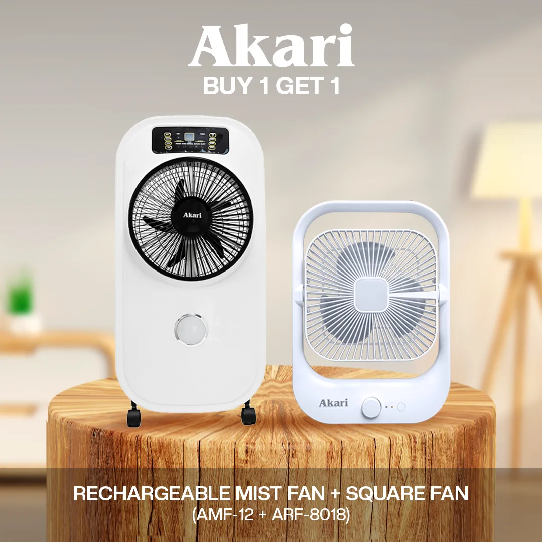 Akari 12 Rechargeable Mist Fan with Fragrance (ARMF-12F)   Akari 8 Rechargeable Square Fan with LED  (ARF-8018)