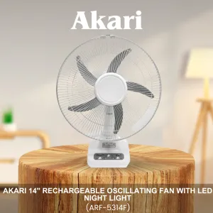 Akari 14 Rechargeable Oscillating Fan with LED Night Light (ARF-5314F)