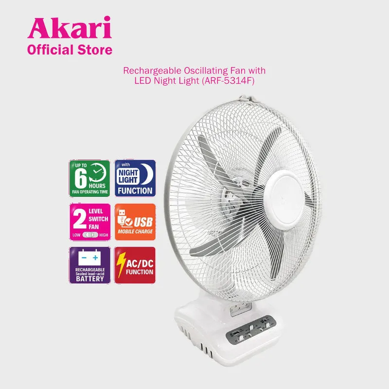 Akari 14 Rechargeable Oscillating Fan with LED Night Light (ARF-5314F)