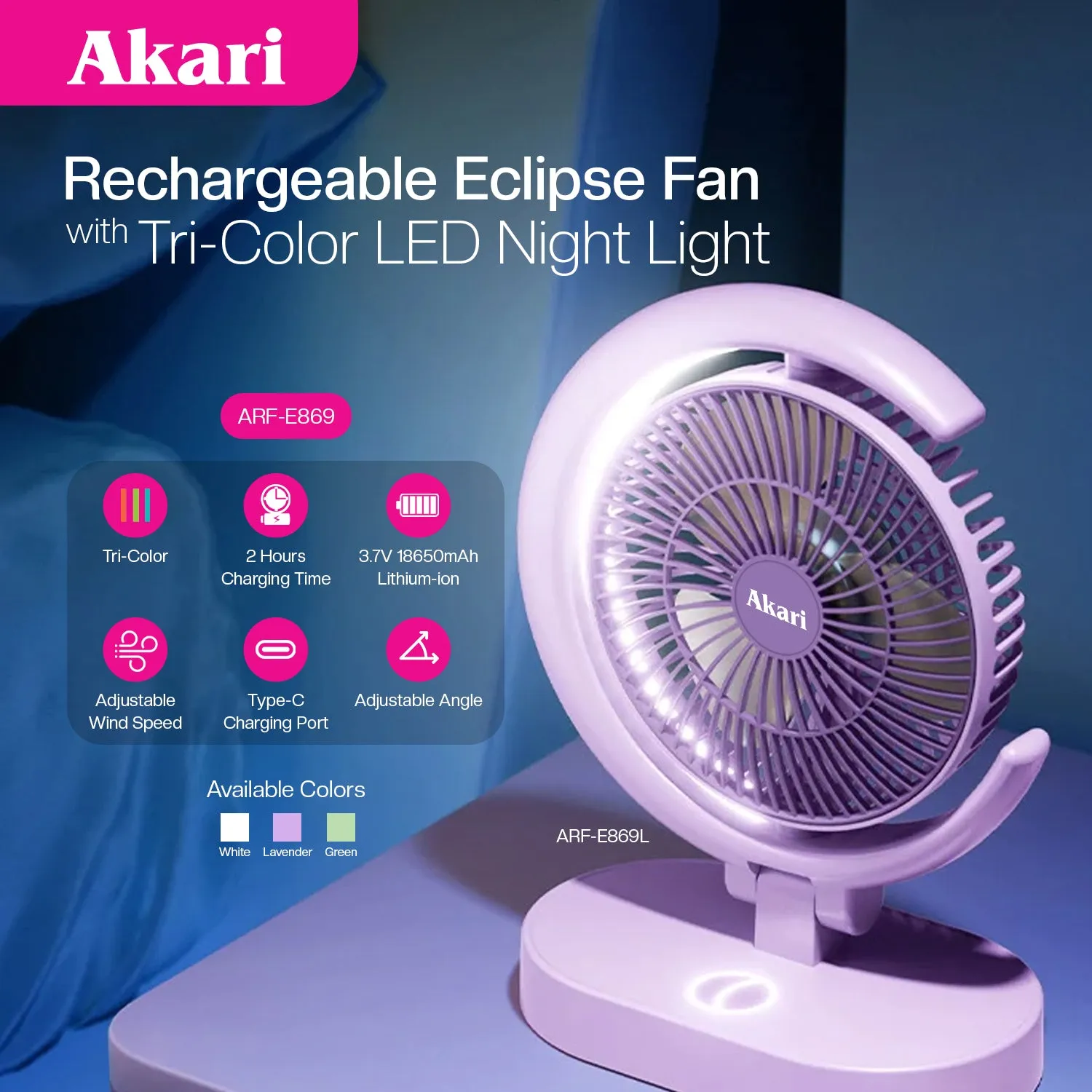 Akari B1T1 : Eclipse Fan with Tri-Color LED night Light ARF-E869(B1T1)