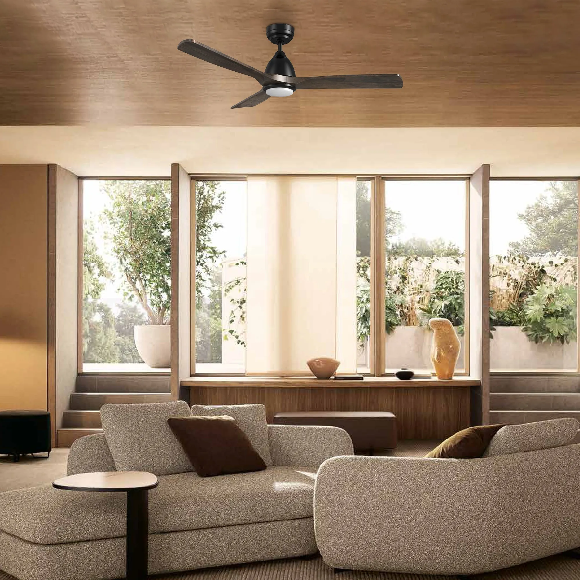 AKRON 48 inch 3-Blade Smart Ceiling Fan with LED Light Kit & Remote- Black/Dark Walnut Solid Wood Blades