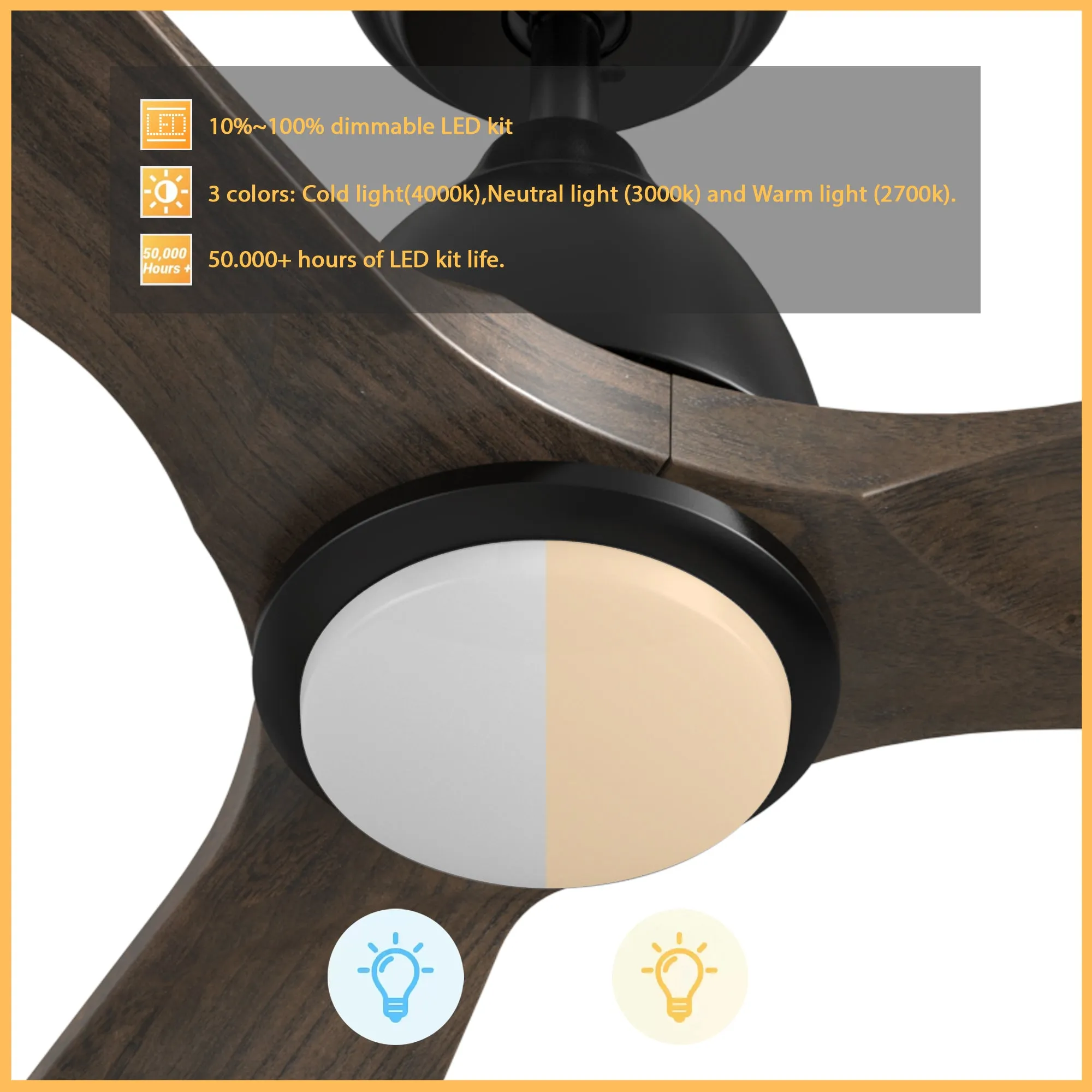 AKRON 48 inch 3-Blade Smart Ceiling Fan with LED Light Kit & Remote- Black/Dark Walnut Solid Wood Blades