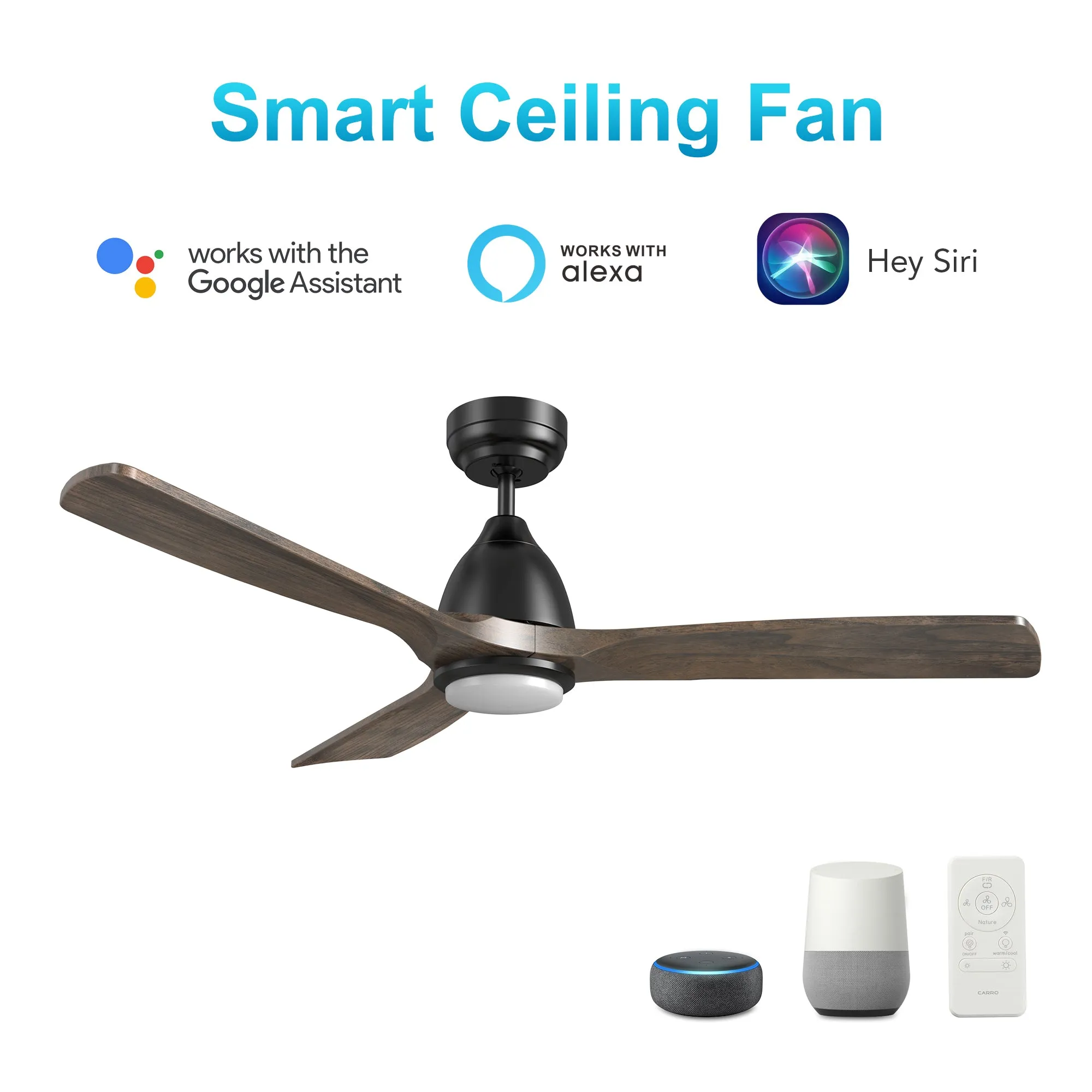 AKRON 48 inch 3-Blade Smart Ceiling Fan with LED Light Kit & Remote- Black/Dark Walnut Solid Wood Blades