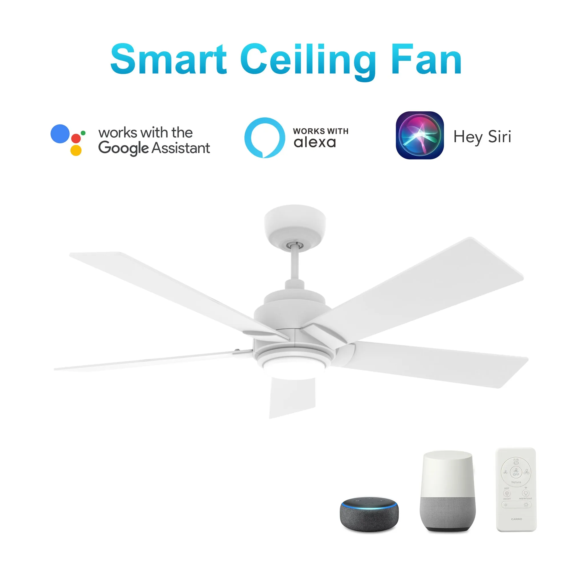 ASCENDER 56 inch 5-Blade Smart Ceiling Fan with LED Light & Remote Control - White/White