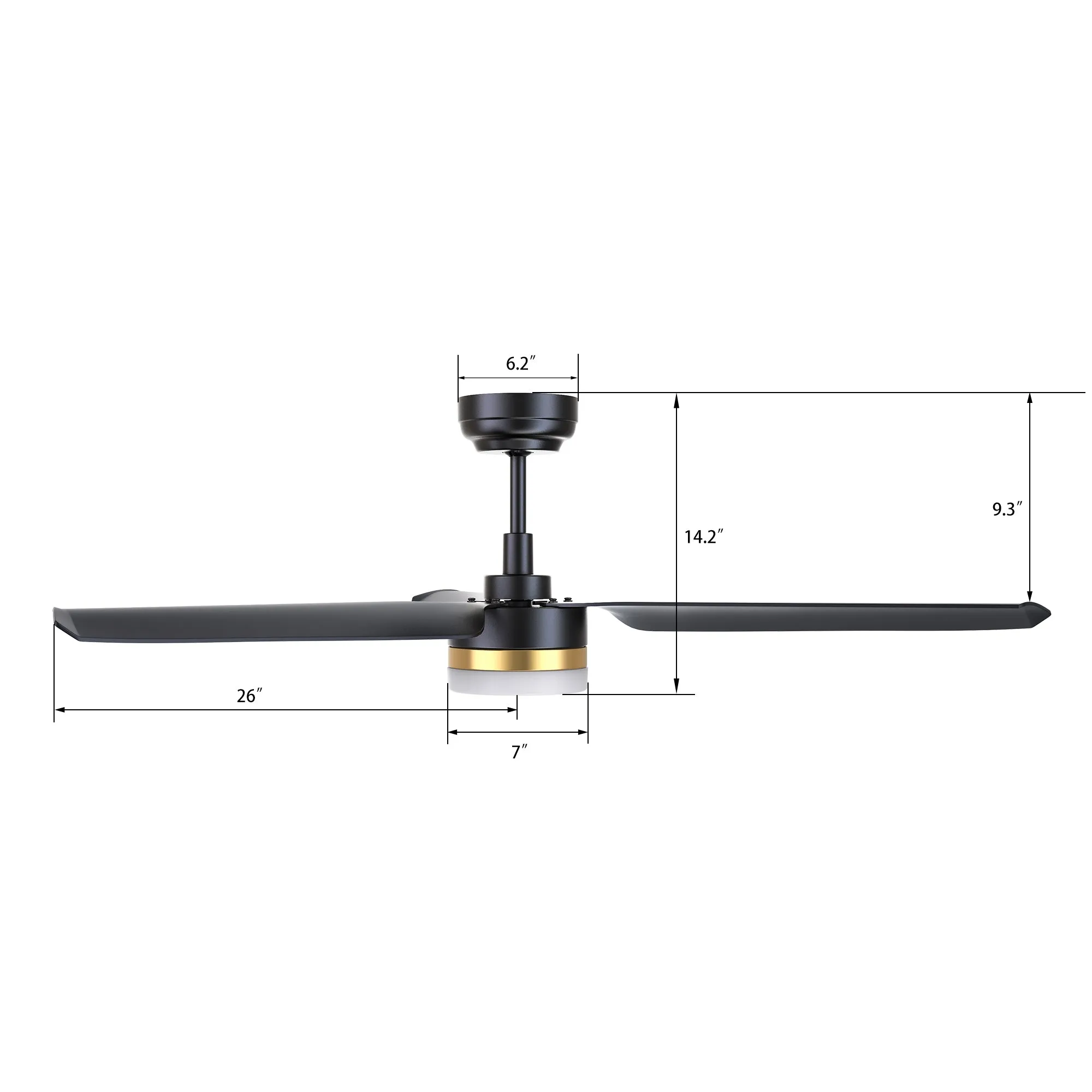 ATTICUS 52 inch 3-Blade Smart Ceiling Fan with LED Light Kit & Remote Control- Black/Black (Gold Detail)