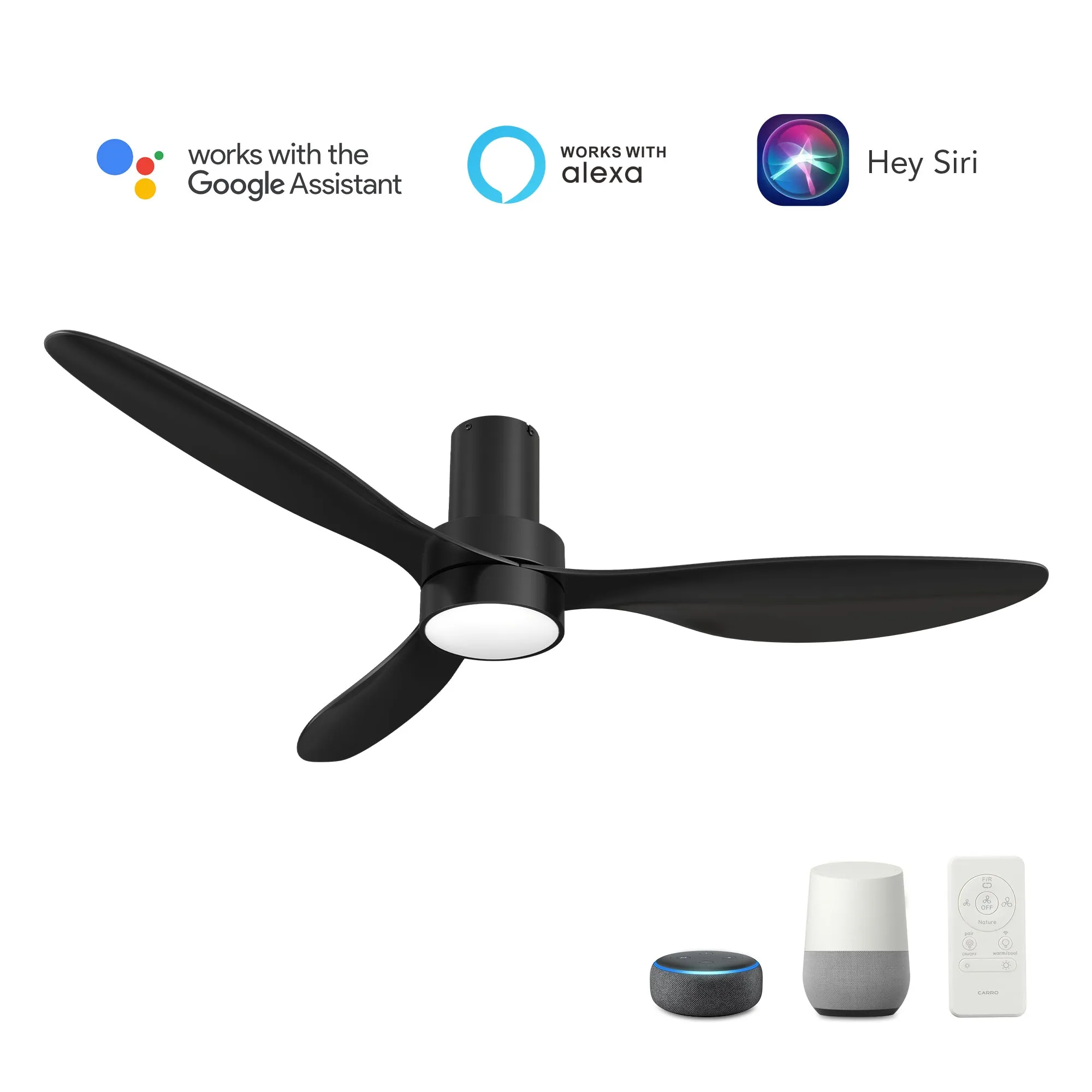 AURORA 52 inch 3-Blade Flush Mount Smart Ceiling Fan with LED Light Kit & Remote- Black/Black