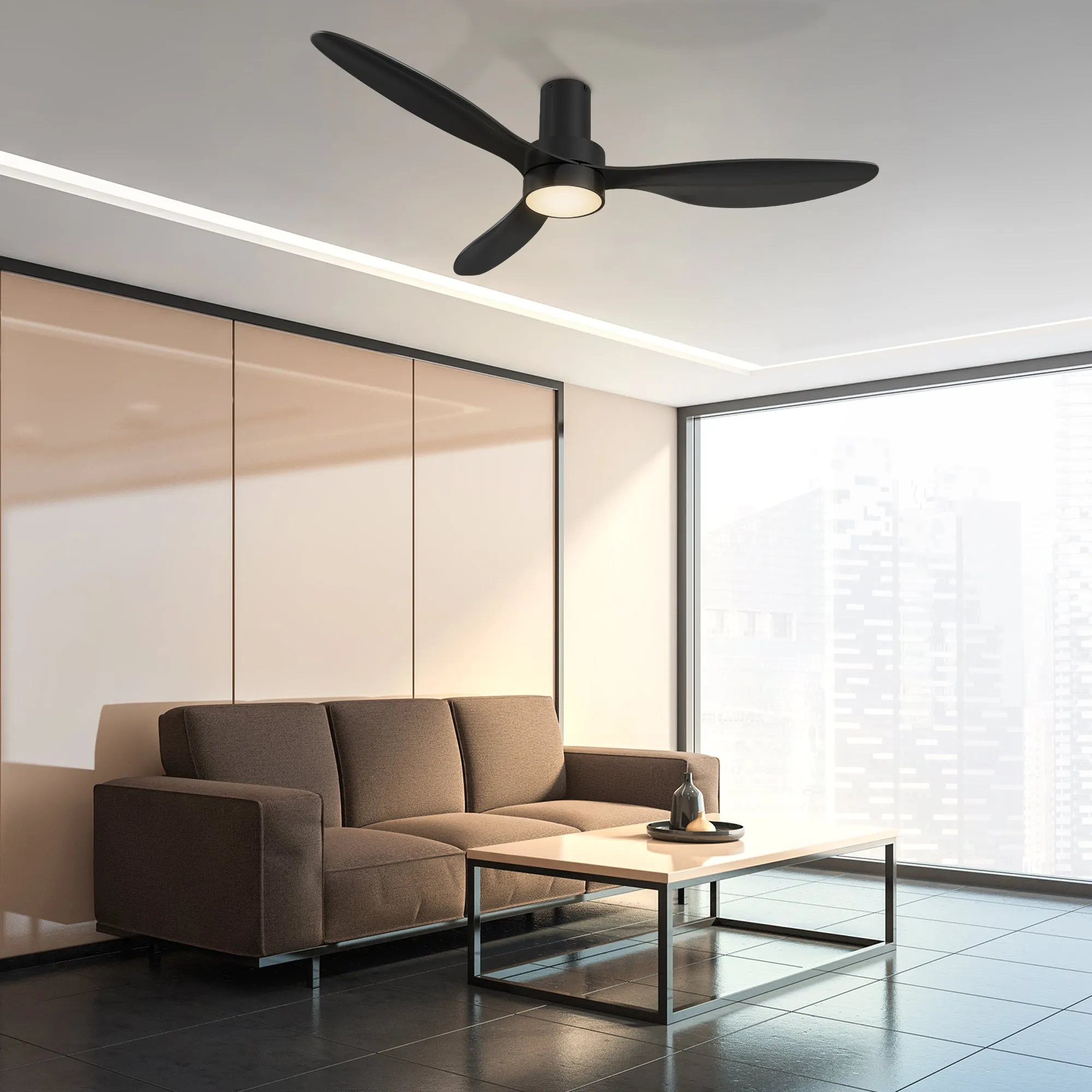 AURORA 52 inch 3-Blade Flush Mount Smart Ceiling Fan with LED Light Kit & Remote- Black/Black