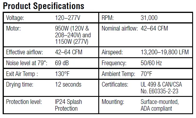 Bradley® 2923-28W Aerix ® High Speed Hand Dryer - White Epoxy on Aluminum Automatic Universal Voltage Surface-Mounted ADA Compliant