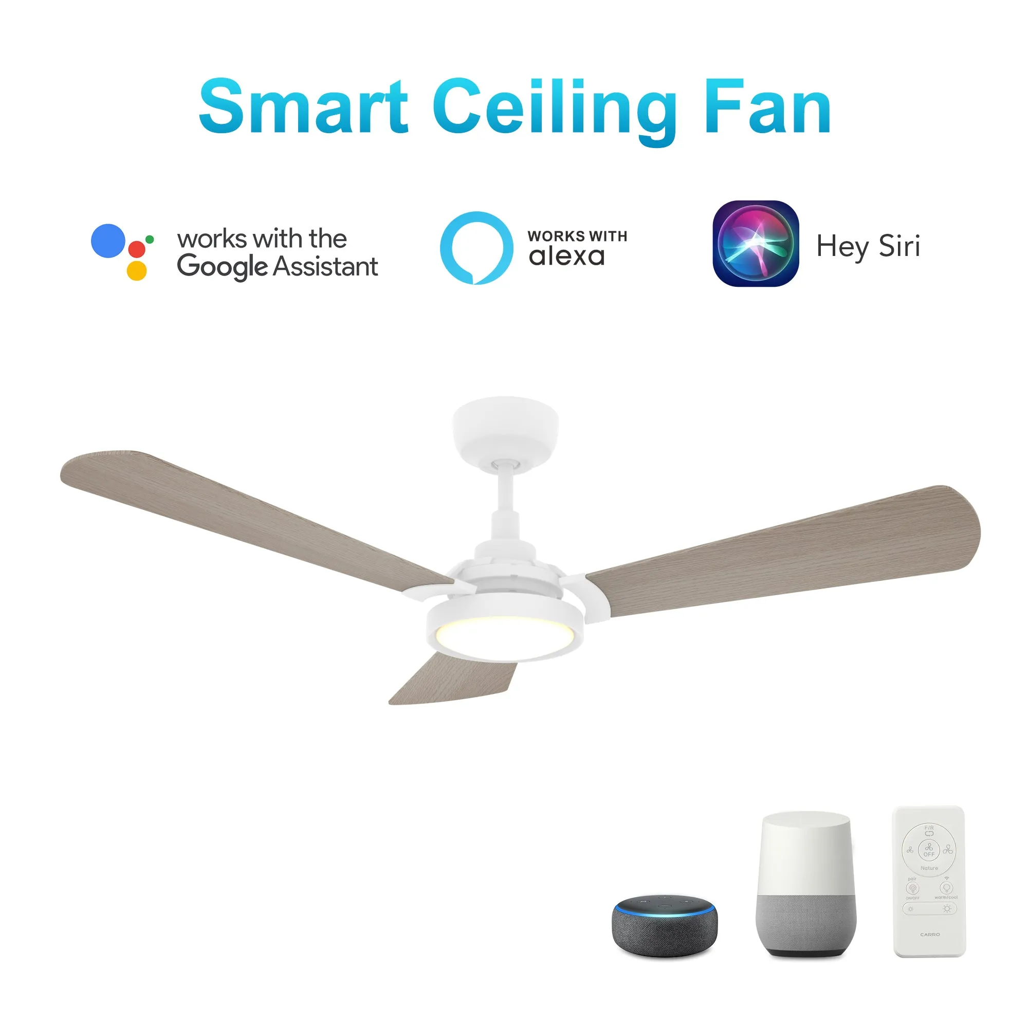 BRISA 52 inch 3-Blade Smart Ceiling Fan with LED Light & Remote Control - White/Light Wood