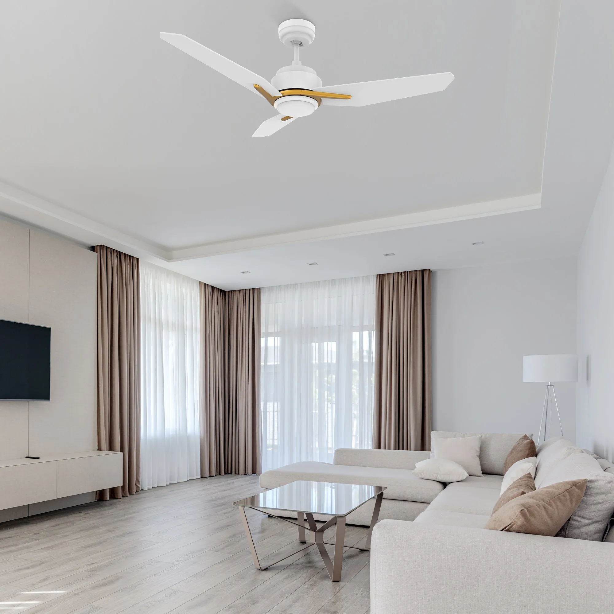 CALEN 48 inch 3-Blade Smart Ceiling Fan with LED Light Kit & Remote Control- White/White (Gold Detail)