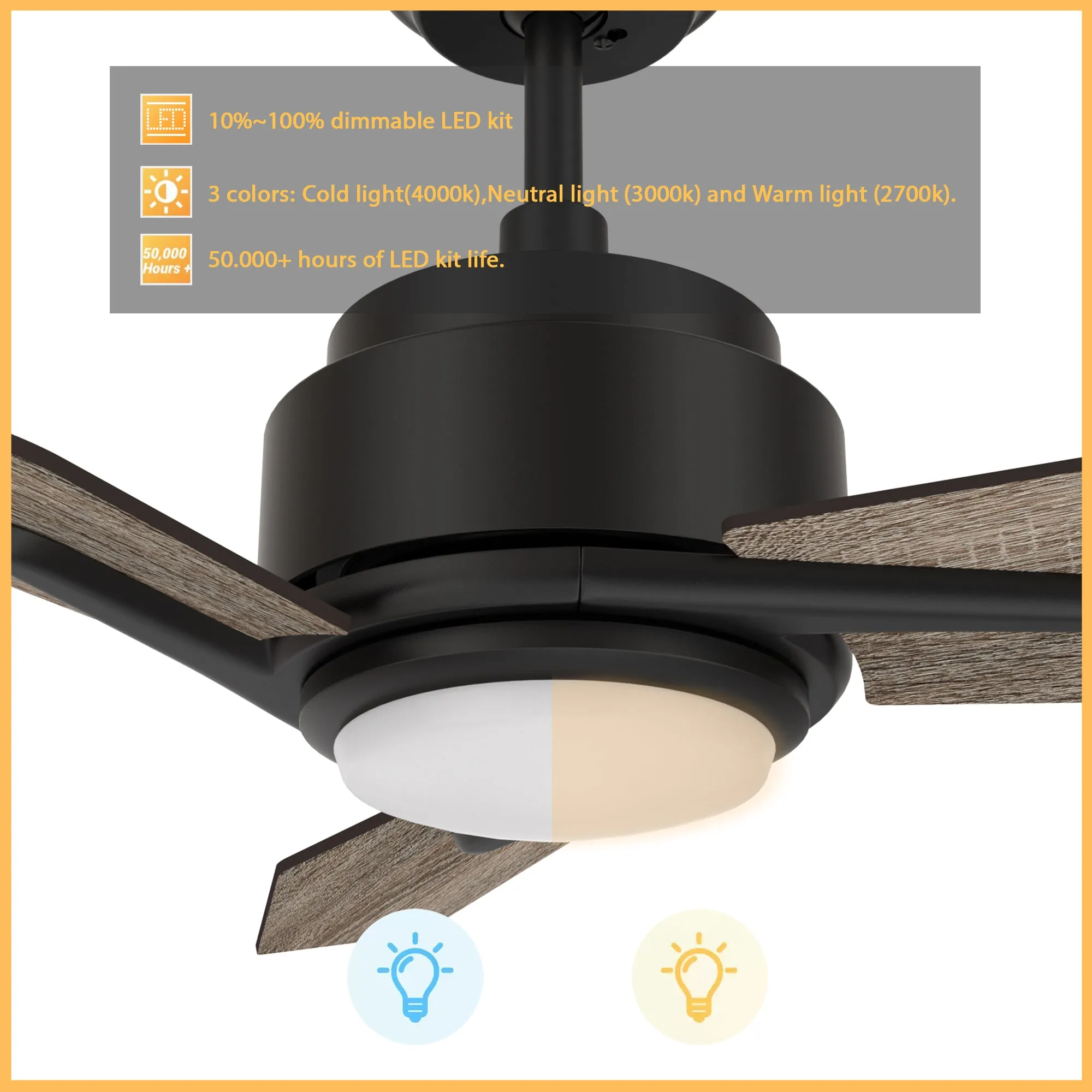 CALEN 52 inch 3-Blade Smart Ceiling Fan with LED Light Kit & Remote Control- Black/Barnwood