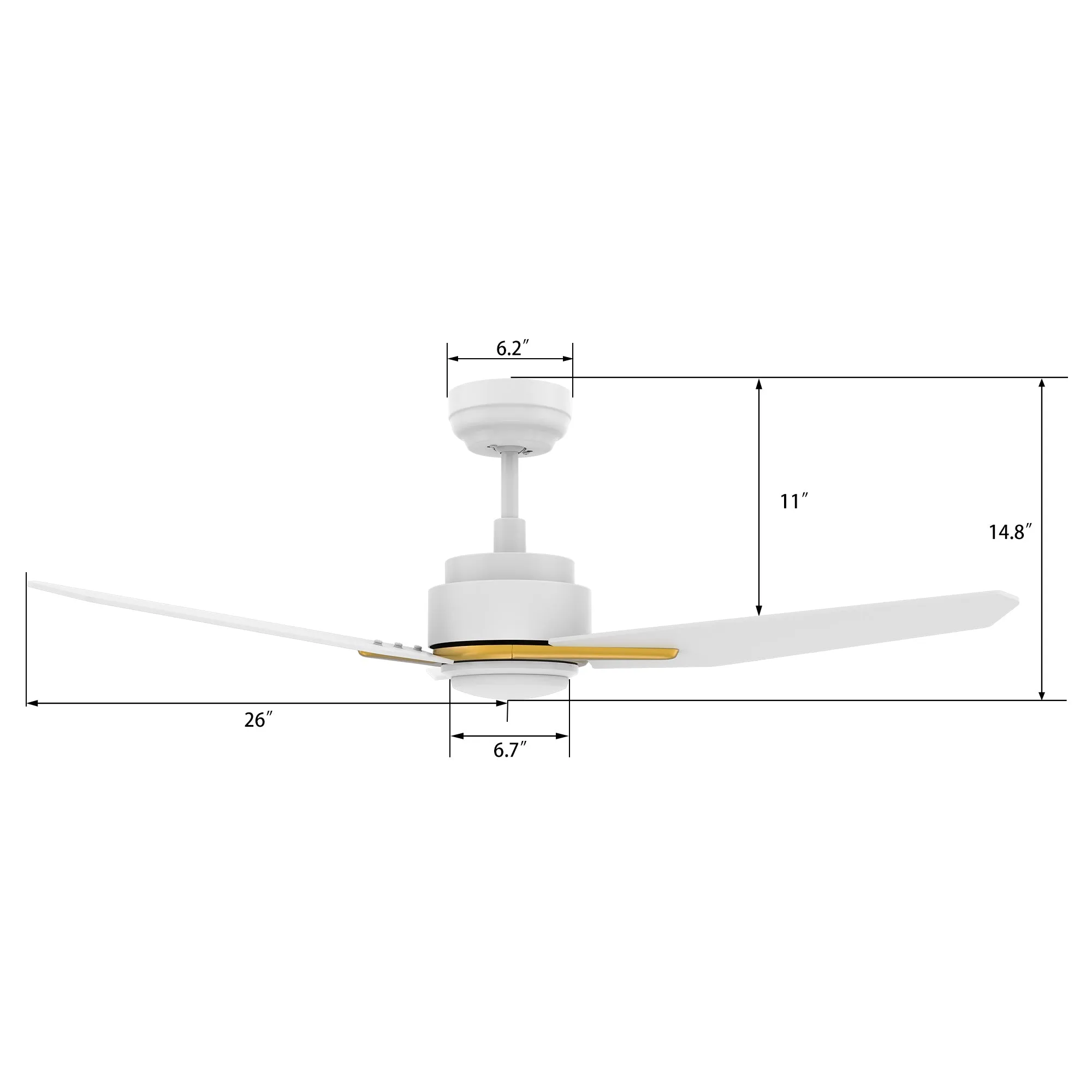 CALEN 52 inch 3-Blade Smart Ceiling Fan with LED Light Kit & Remote Control- White/White (Gold Details)