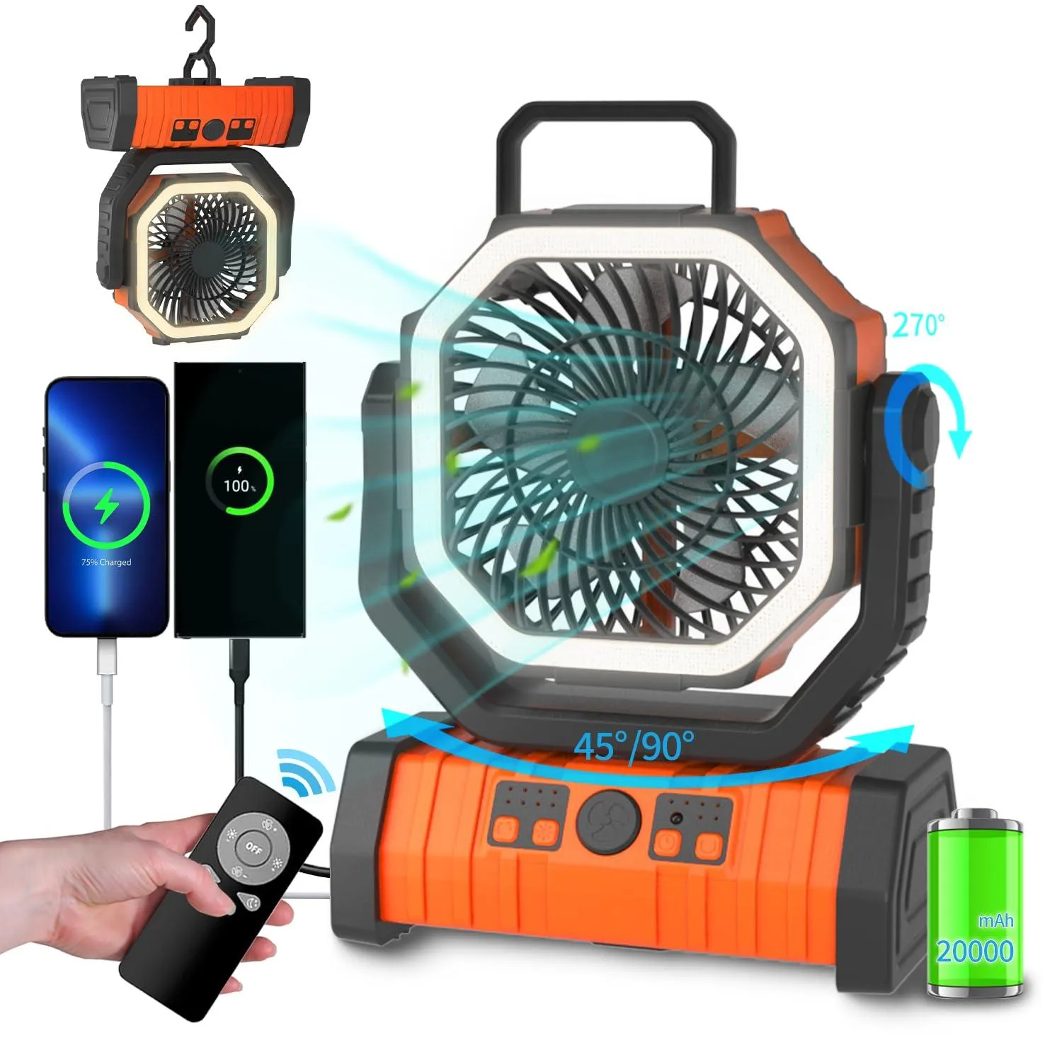 Camping Fan Battery Powered Fan with LED Lantern Light 20000mAh.