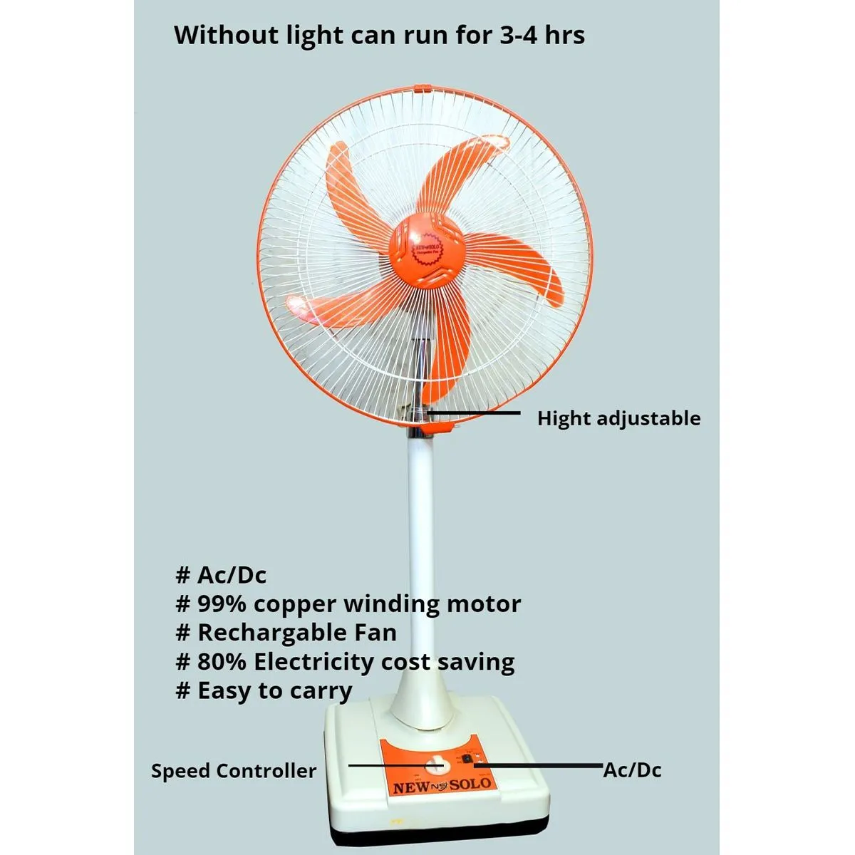 Chargeable Fan AC-DC Energy Saver Adjustable Stand without Electricity Operated 3 hrs on High Speed