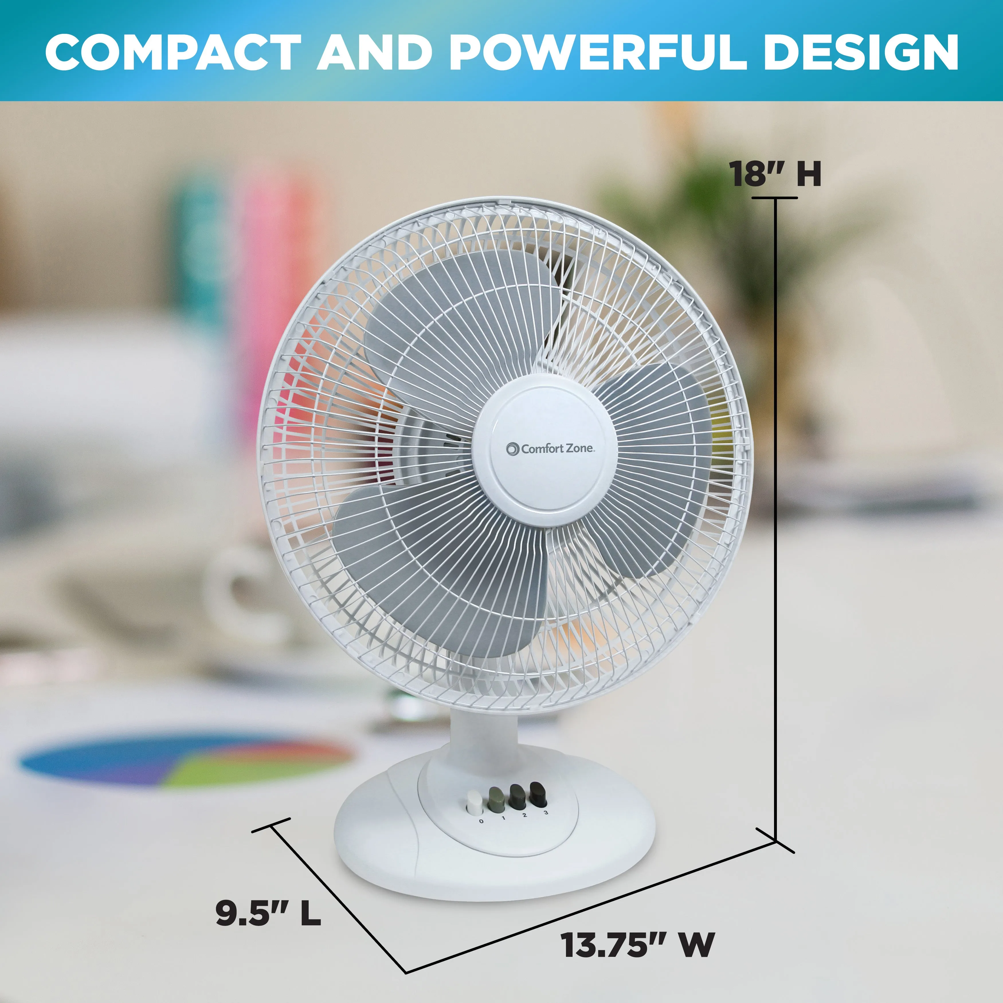 Comfort Zone 12" 3-Speed Quiet Oscillating Table Fan in White & Black