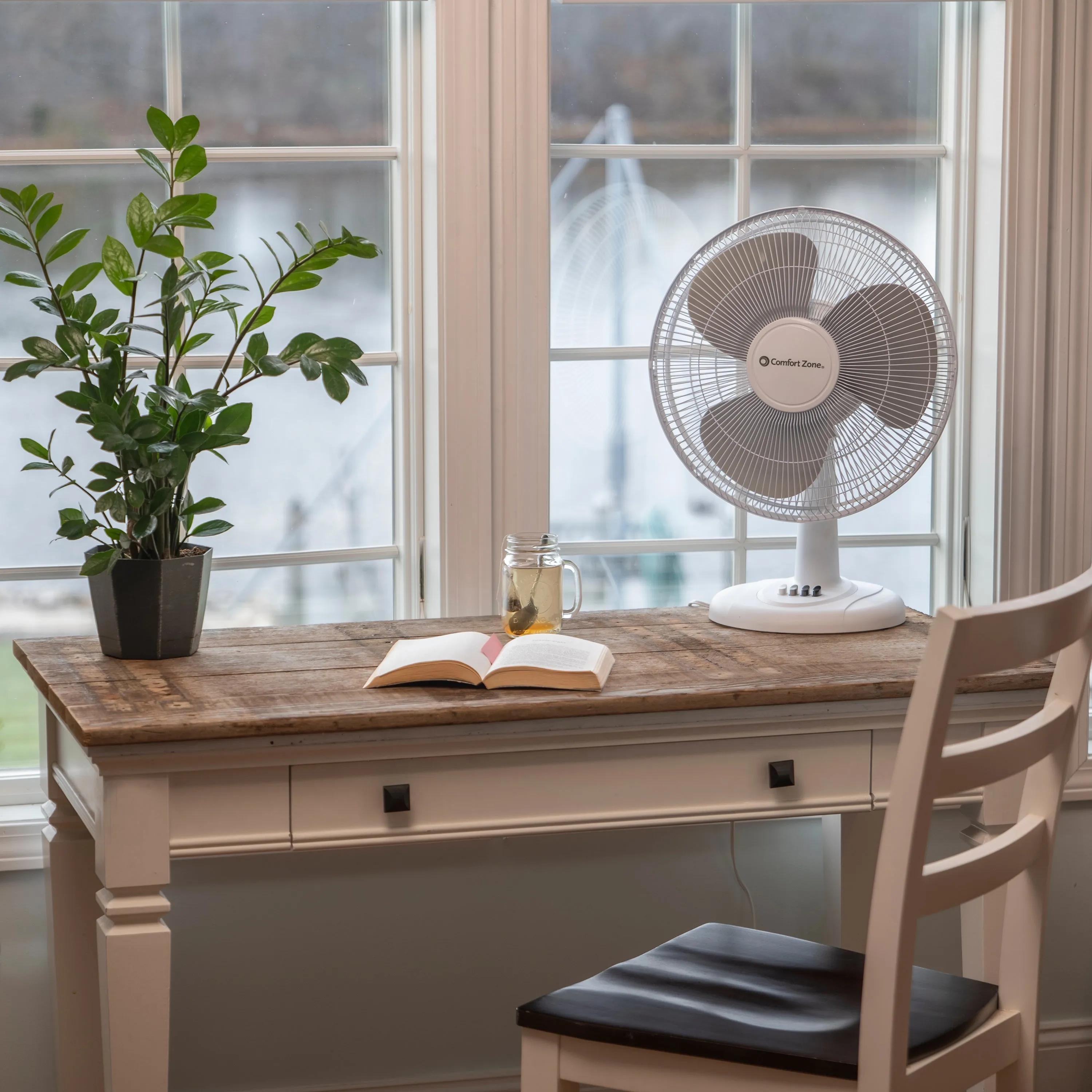 Comfort Zone 12" 3-Speed Quiet Oscillating Table Fan in White & Black