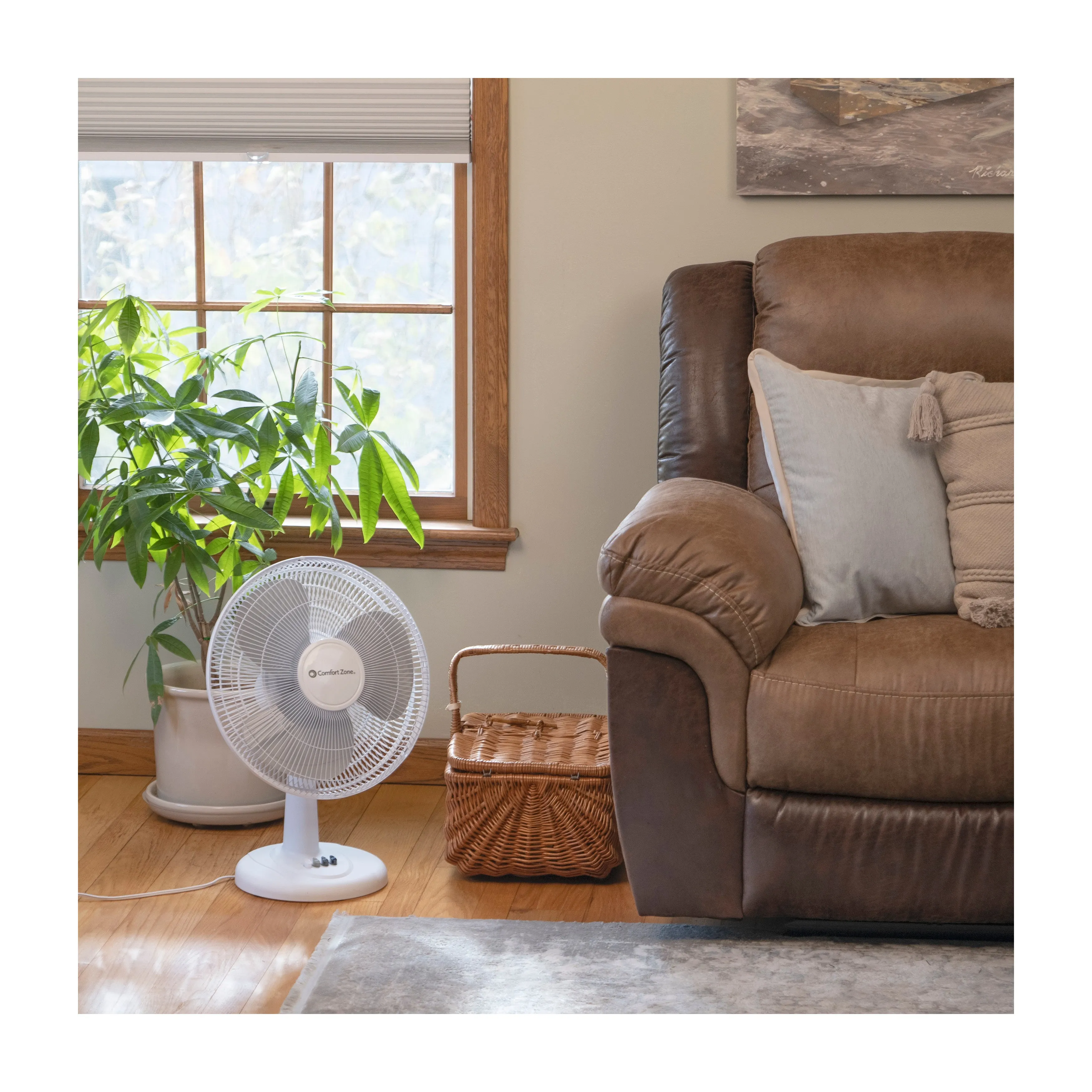 Comfort Zone 12" 3-Speed Quiet Oscillating Table Fan in White & Black