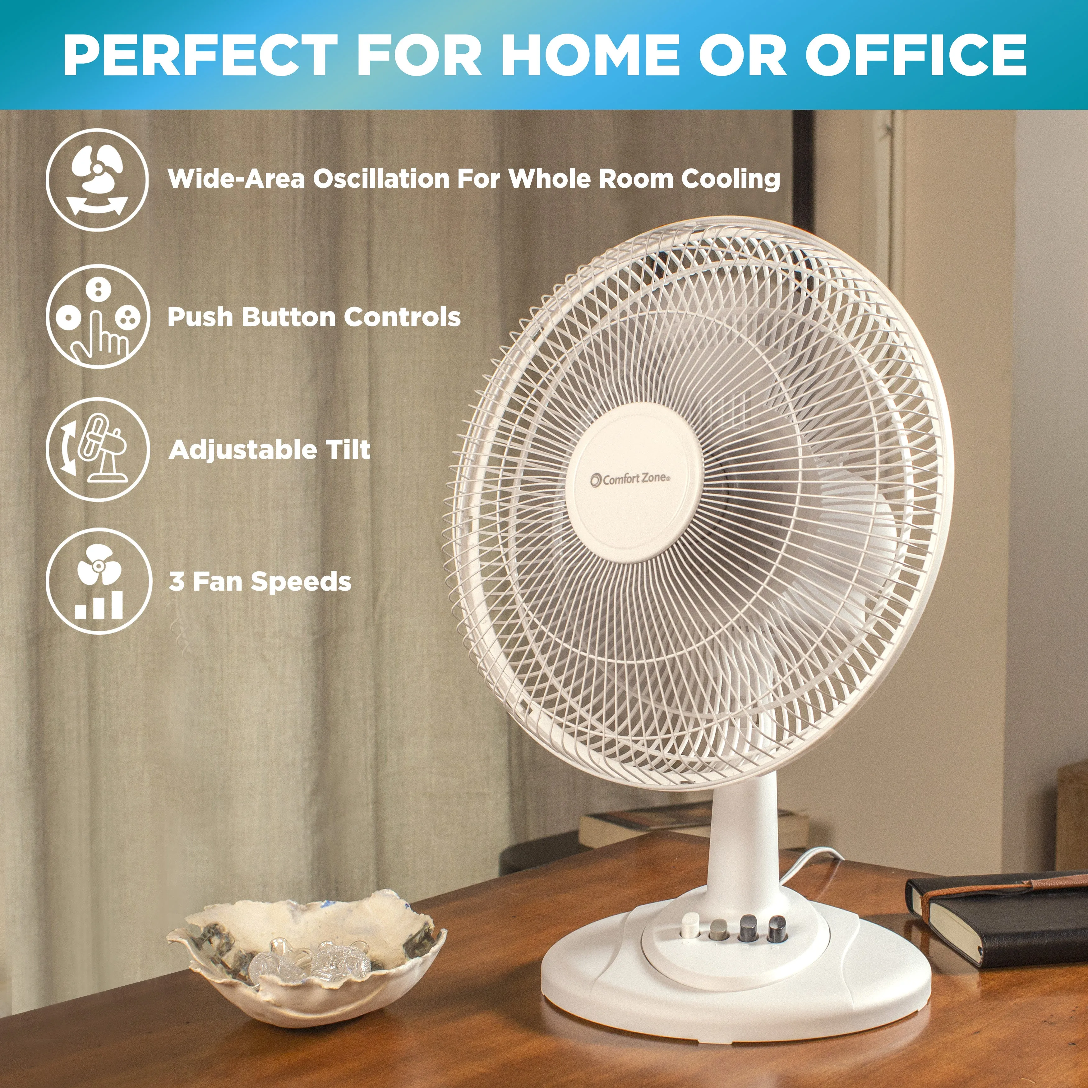 Comfort Zone 12" 3-Speed Quiet Oscillating Table Fan in White & Black