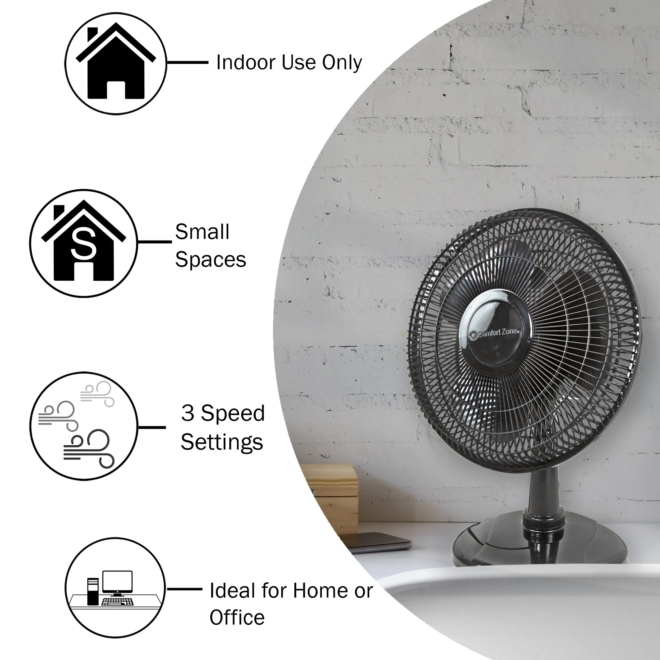 Comfort Zone 12" Oscillating Table Fan with Adjustable Tilt, Black