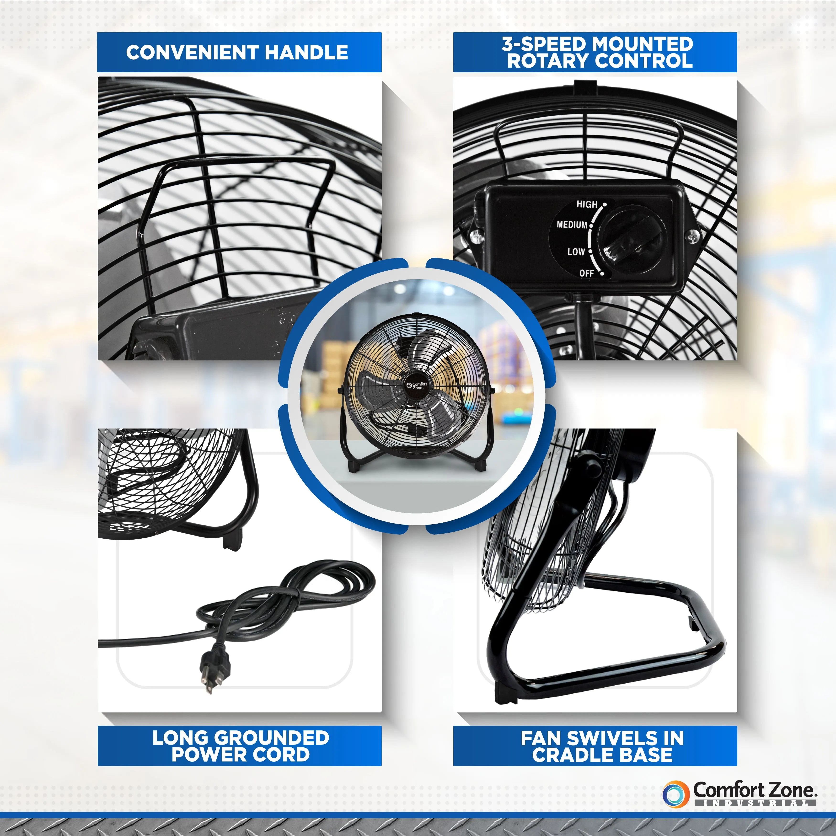 Comfort Zone 14" High-Velocity 3-Speed Floor Fan in Black