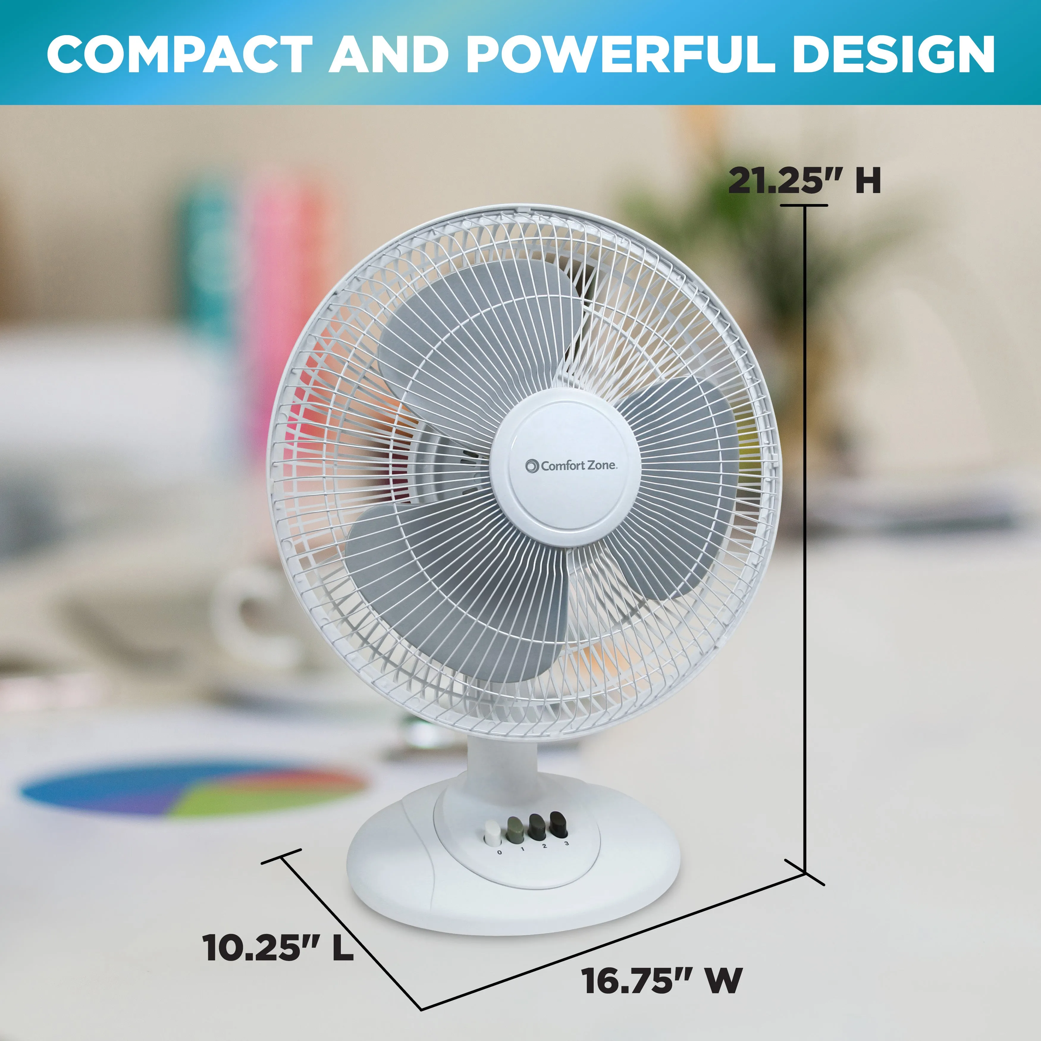 Comfort Zone 16" 3-Speed Oscillating Table Fan with Adjustable Tilt in White & Black