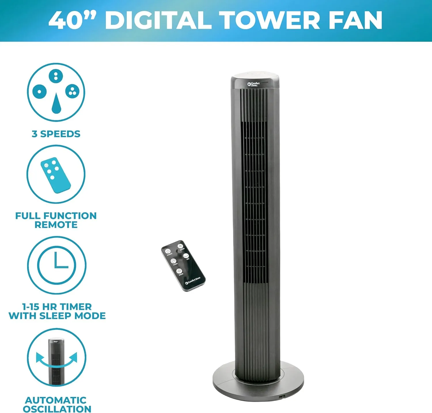 Comfort Zone 40" Oscillating Portable Tower Fan with Remote in Black