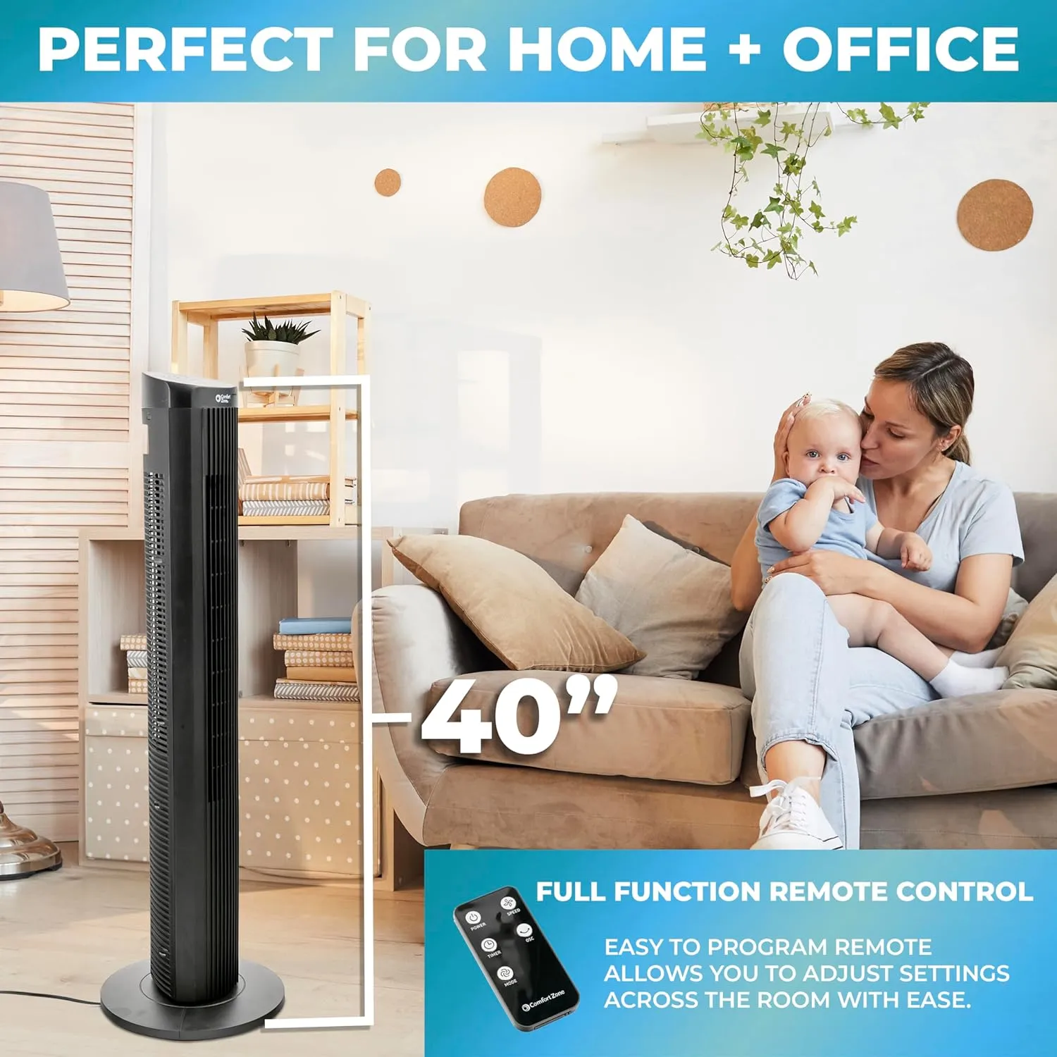 Comfort Zone 40" Oscillating Portable Tower Fan with Remote in Black