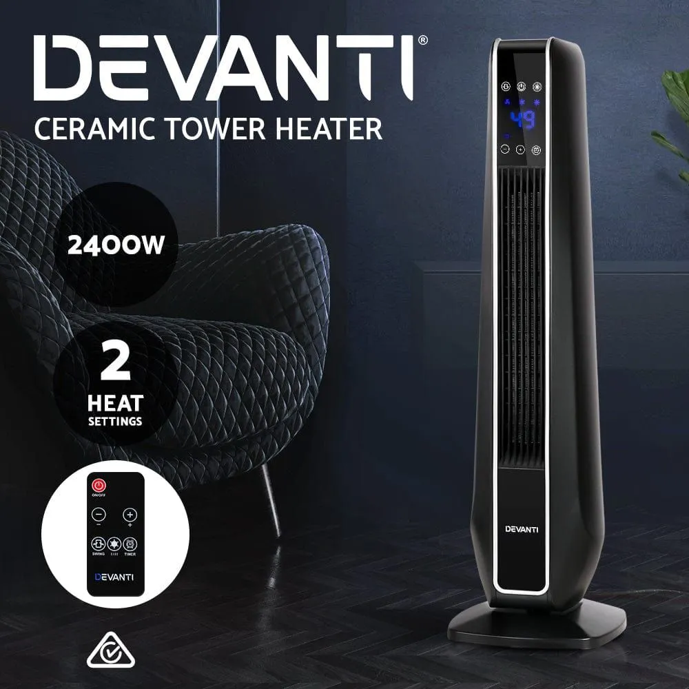 Electric Ceramic Tower Fan Heater Portable Oscillating Remote Control 2400W Black