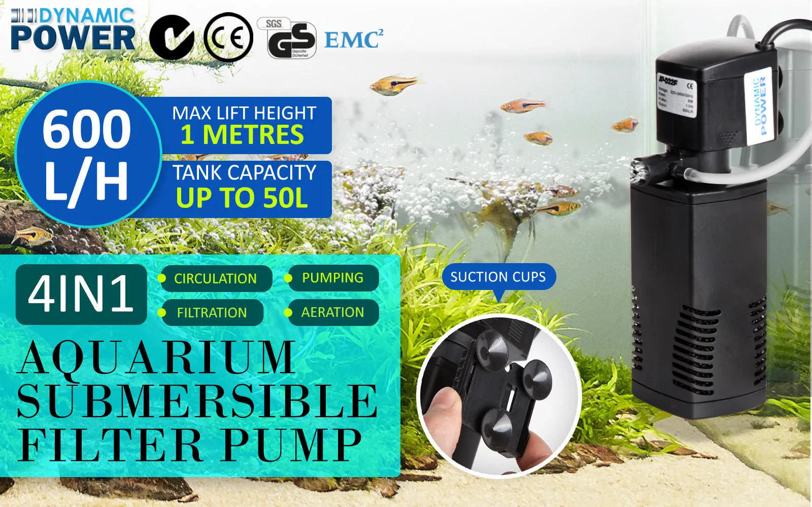 Energy Efficient Submersible Aquarium Filter 600L/H 8W – Dynamic Power