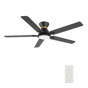 ESPEAR 52 inch Flush Mount 5-Blade Smart Ceiling Fan with LED Light Kit & Remote - Black/Black (Gold Detail)