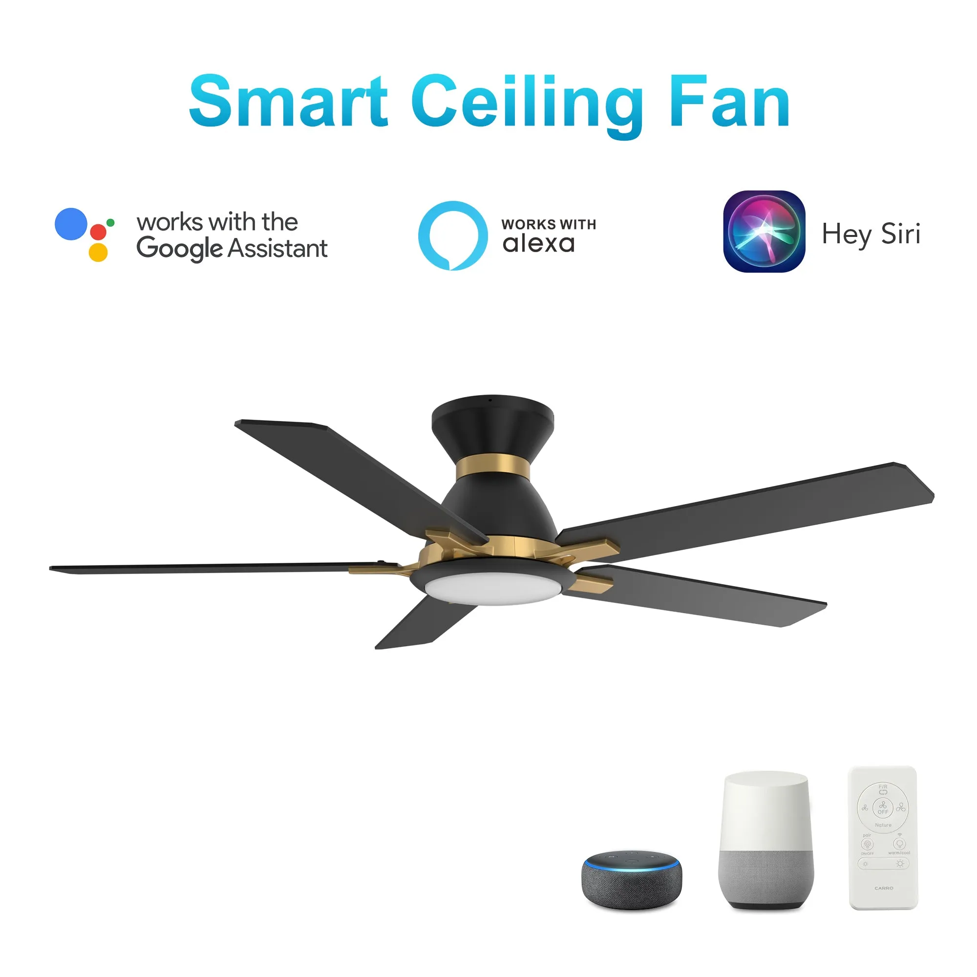 ESPEAR 52 inch Flush Mount 5-Blade Smart Ceiling Fan with LED Light Kit & Remote - Black/Black (Gold Detail)