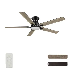 ESPEAR 52 inch Flush Mount 5-Blade Smart Ceiling Fan with LED Light Kit & Remote - Black/Walnut & Barnwood (Reversible Blades)