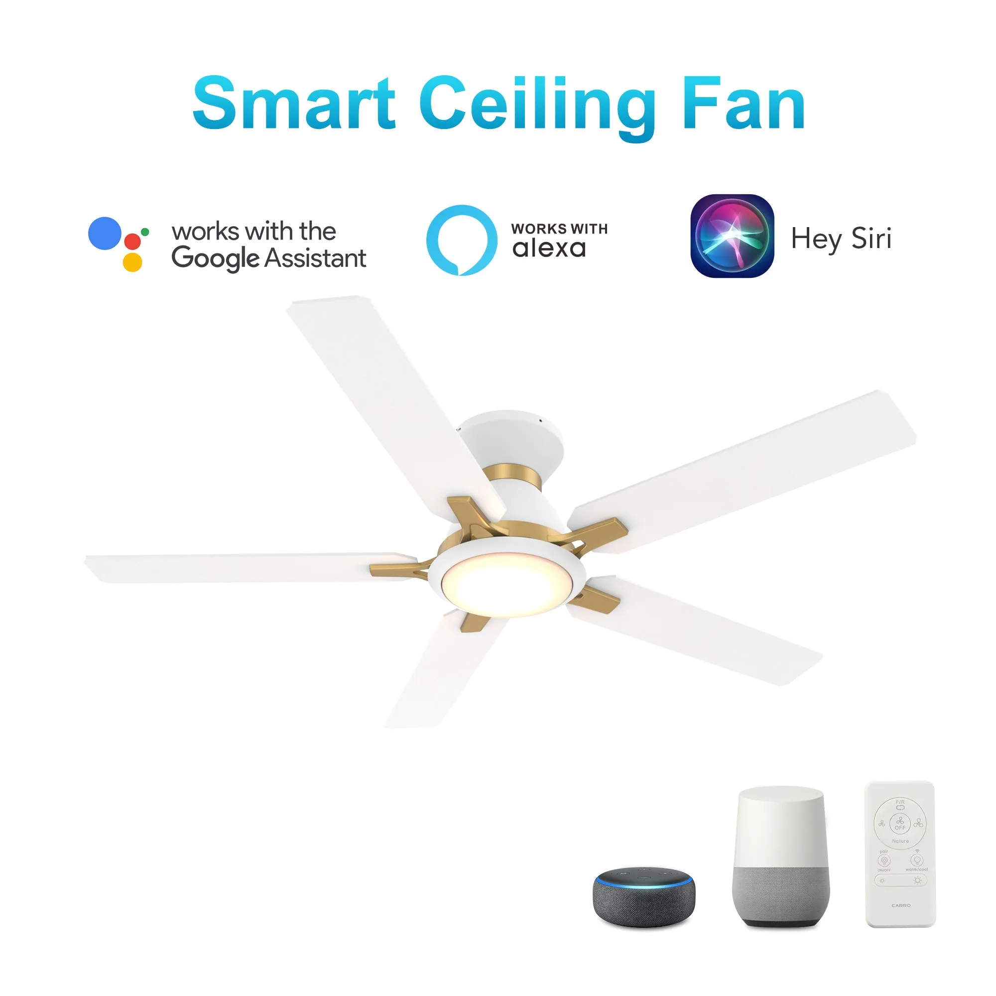 ESPEAR 52 inch Flush Mount 5-Blade Smart Ceiling Fan with LED Light Kit & Remote - White/White (Gold Detail)