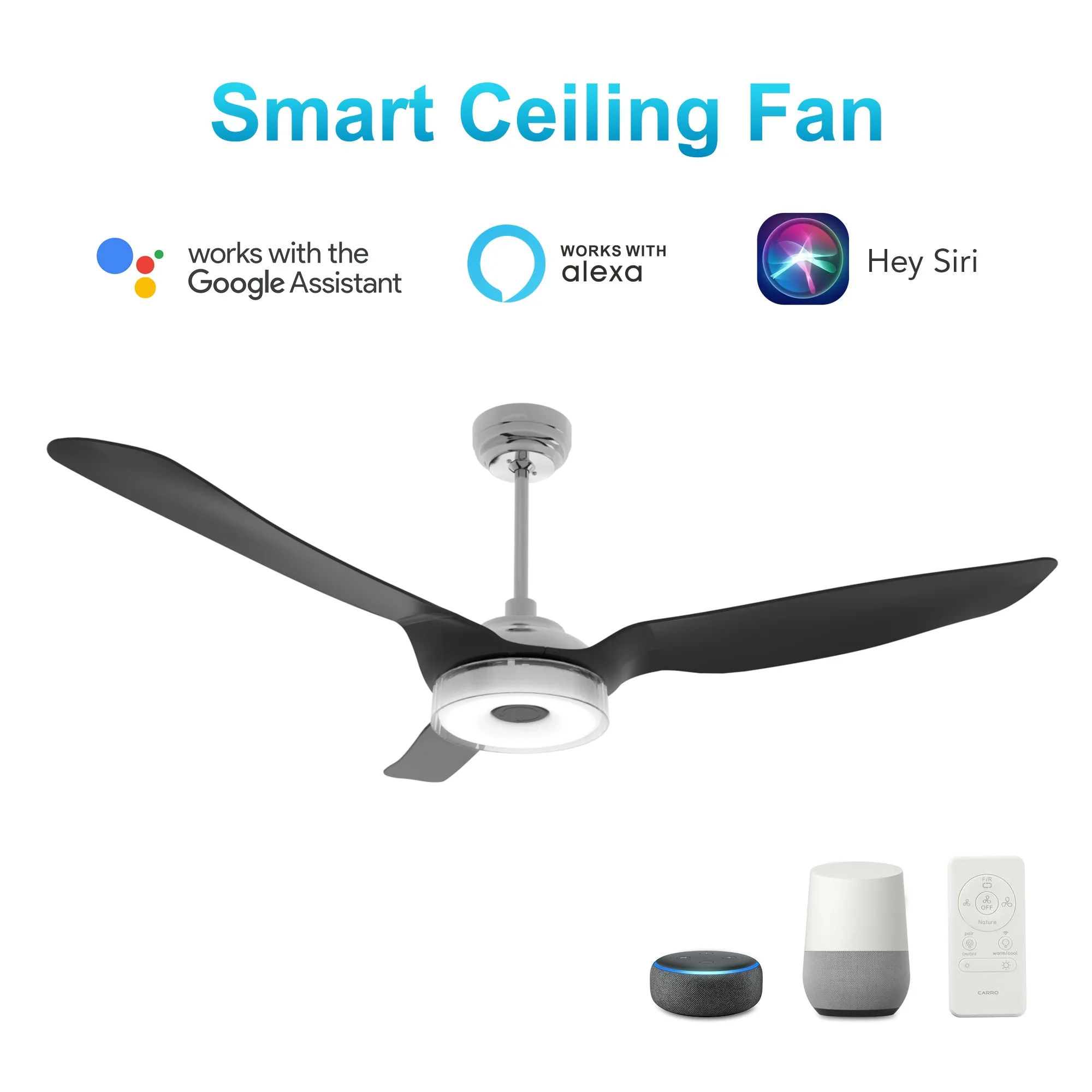 FLETCHER 56 inch 3-Blade Smart Ceiling Fan with LED Light Kit & Remote - Silver/Black