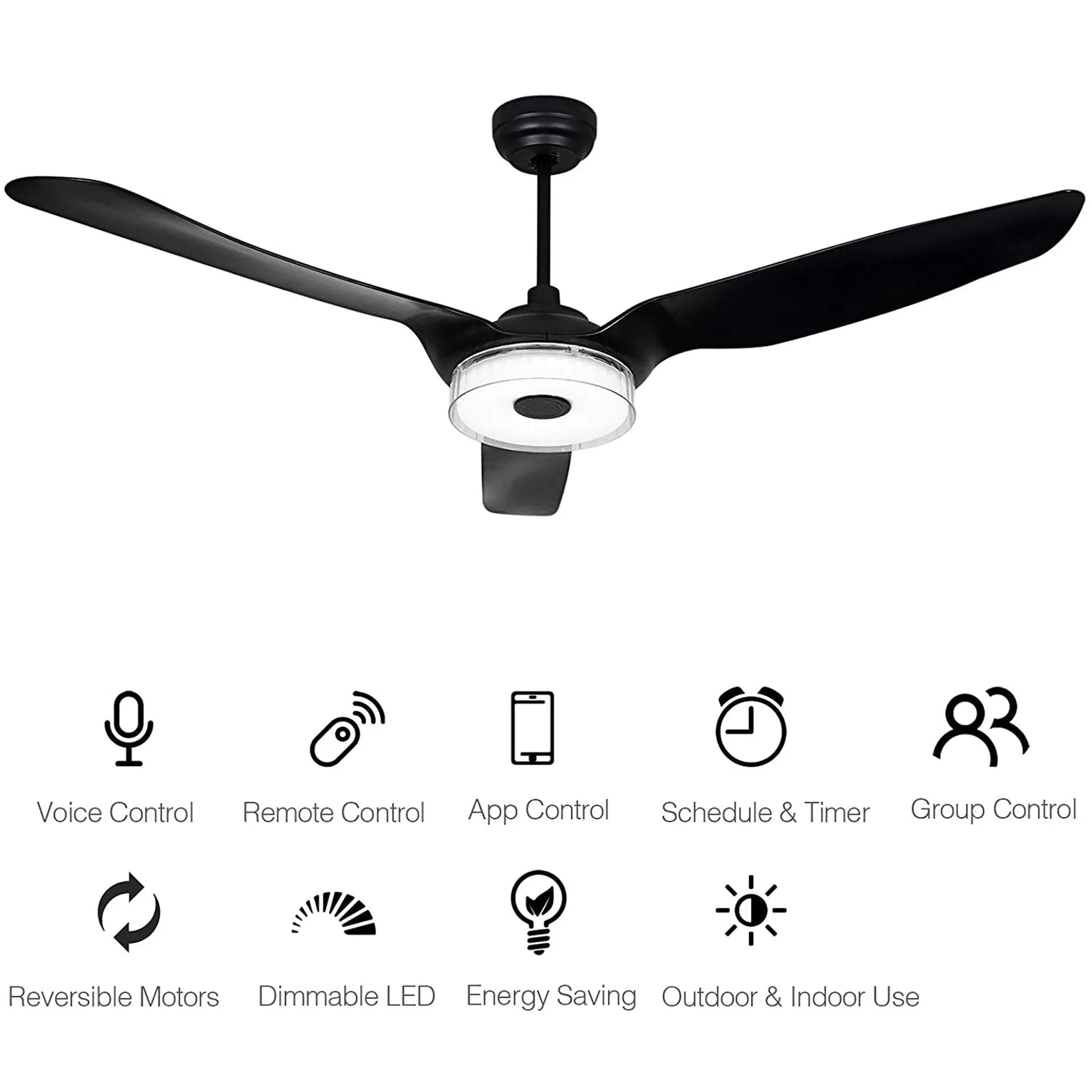 FLETCHER 60 inch 3-Blade Smart Ceiling Fan with LED Light Kit & Remote - Black/Black