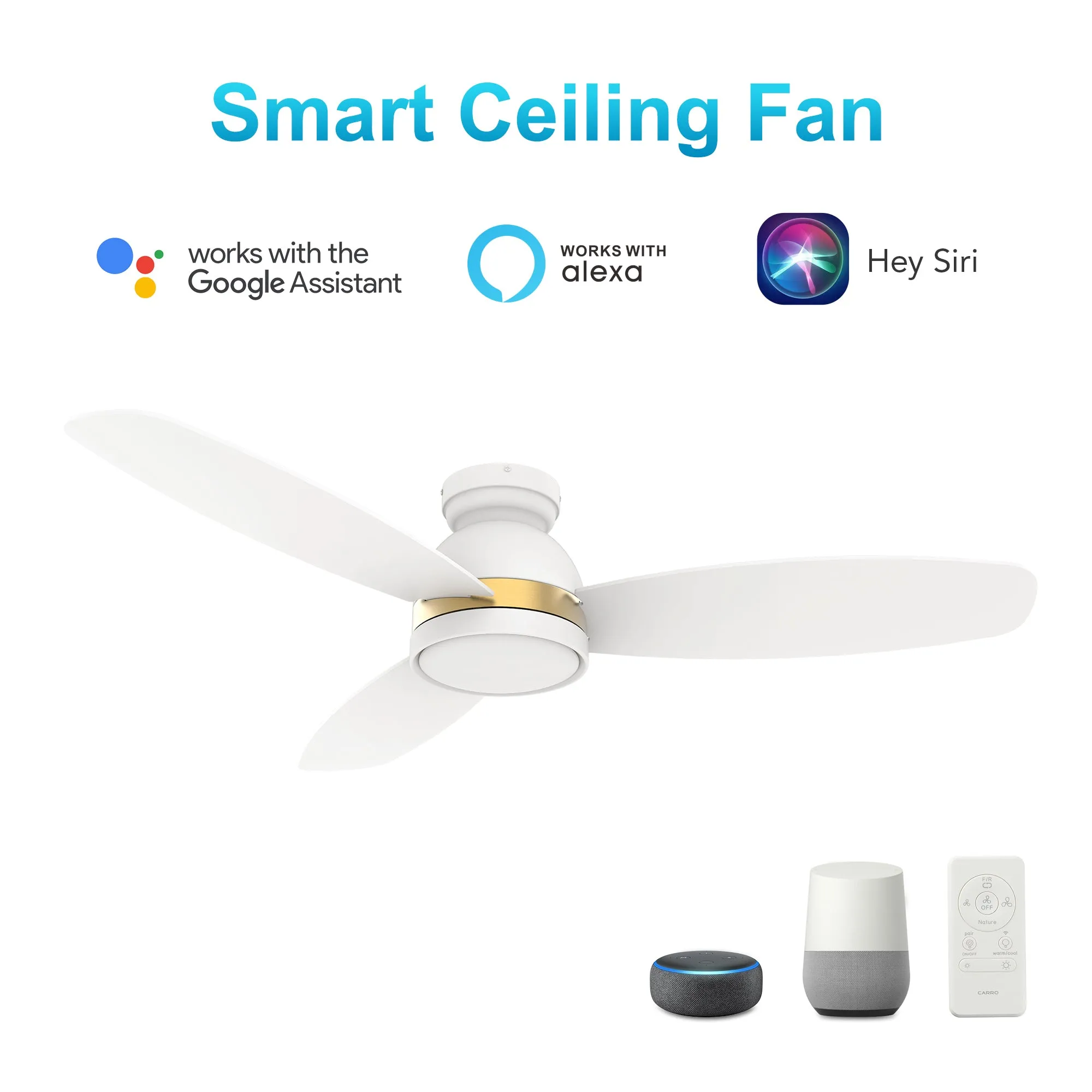 FREMONT 48 inch 3-Blade Flush Mount Smart Ceiling Fan with LED Light Kit & Remote- White/White