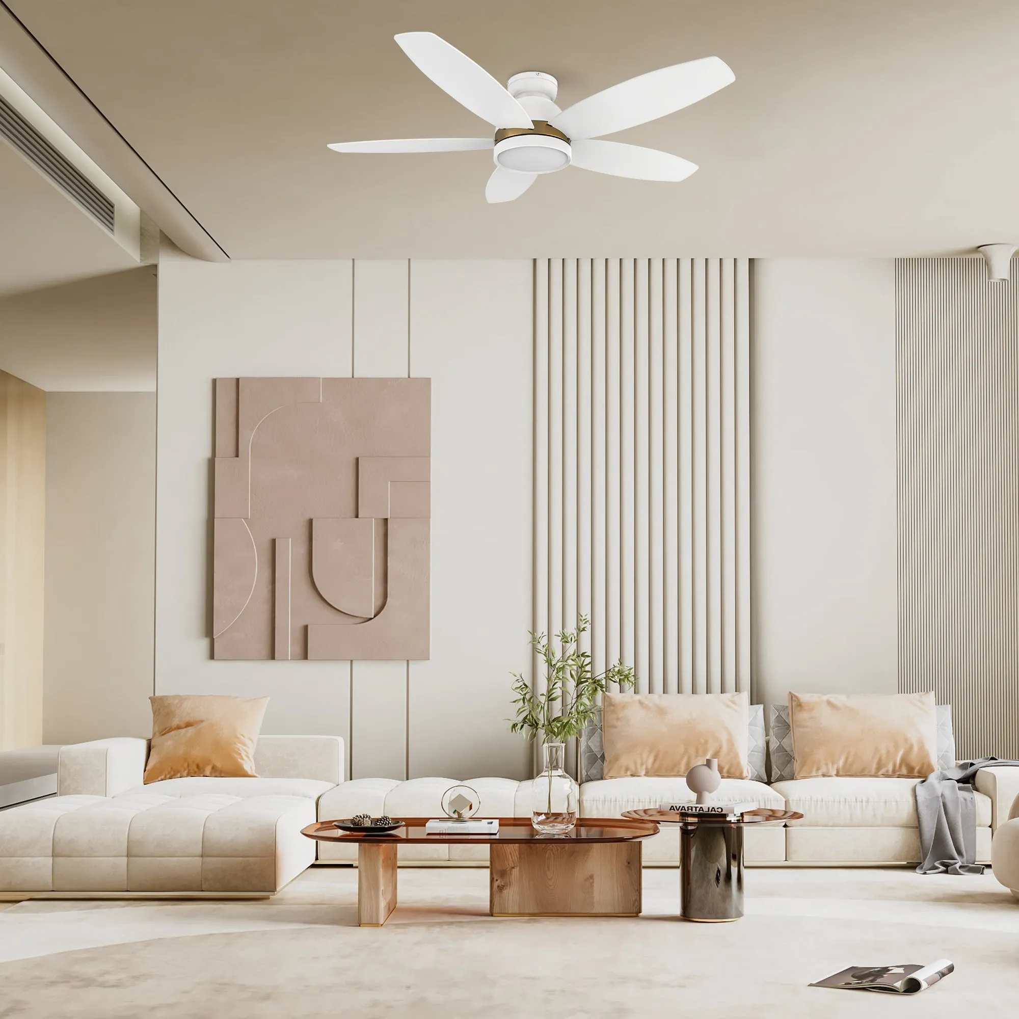 FREMONT 48 inch 5-Blade Flush Mount Smart Ceiling Fan with LED Light Kit & Remote- White/White (Gold Detail)