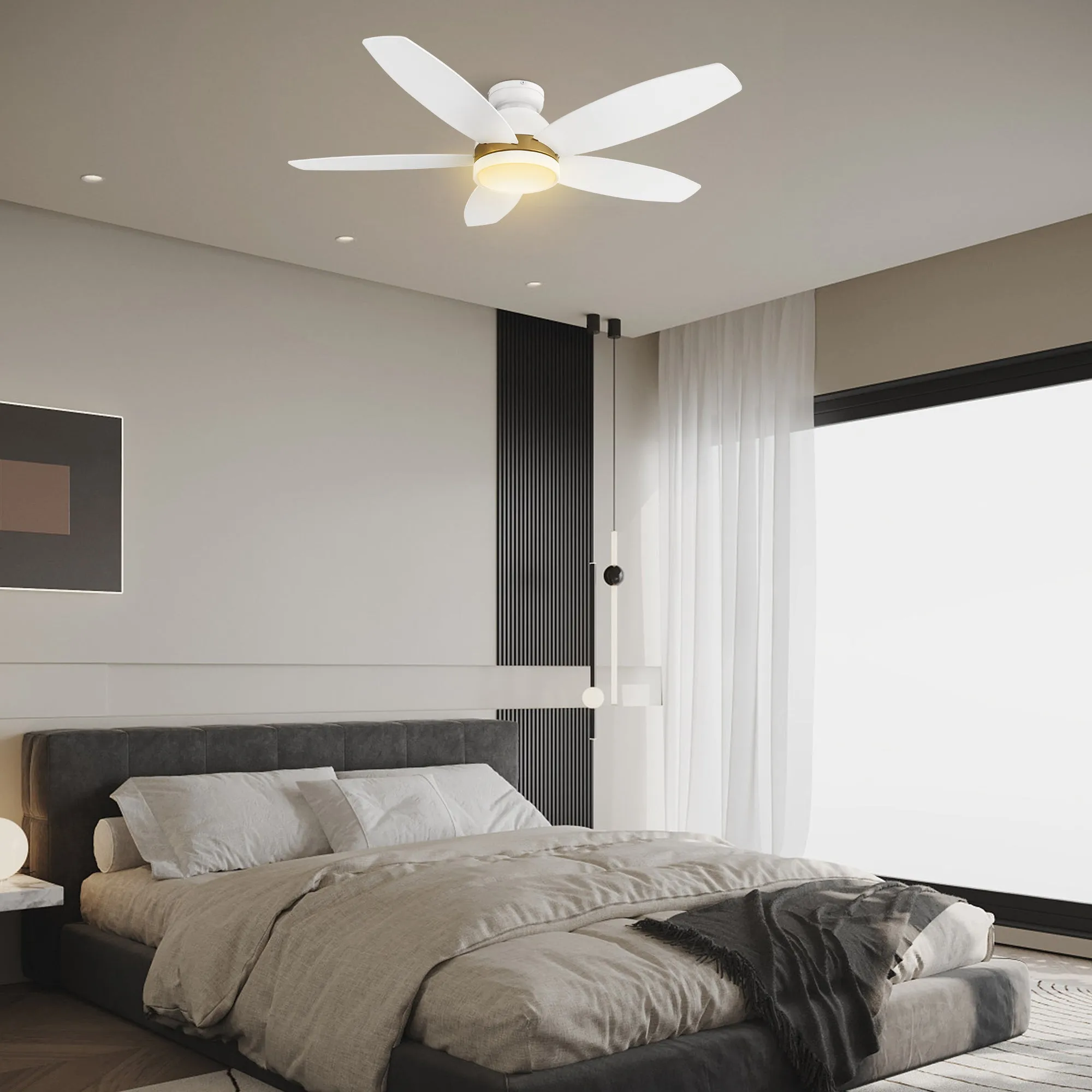 FREMONT 48 inch 5-Blade Flush Mount Smart Ceiling Fan with LED Light Kit & Remote- White/White (Gold Detail)