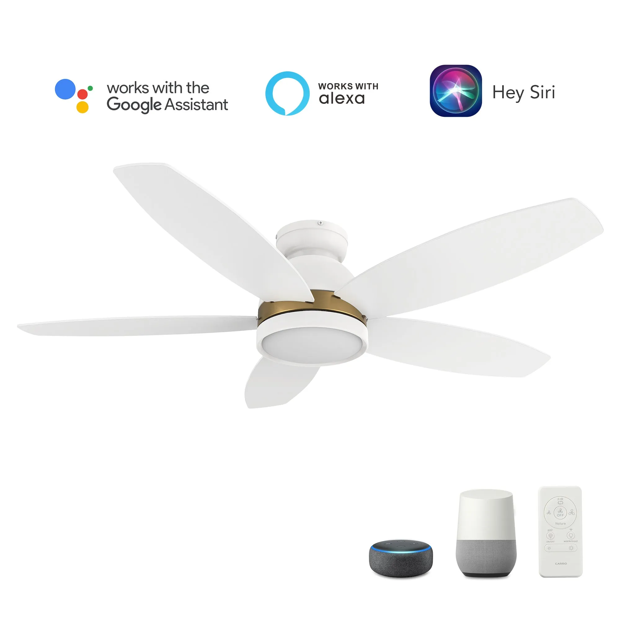 FREMONT 48 inch 5-Blade Flush Mount Smart Ceiling Fan with LED Light Kit & Remote- White/White (Gold Detail)