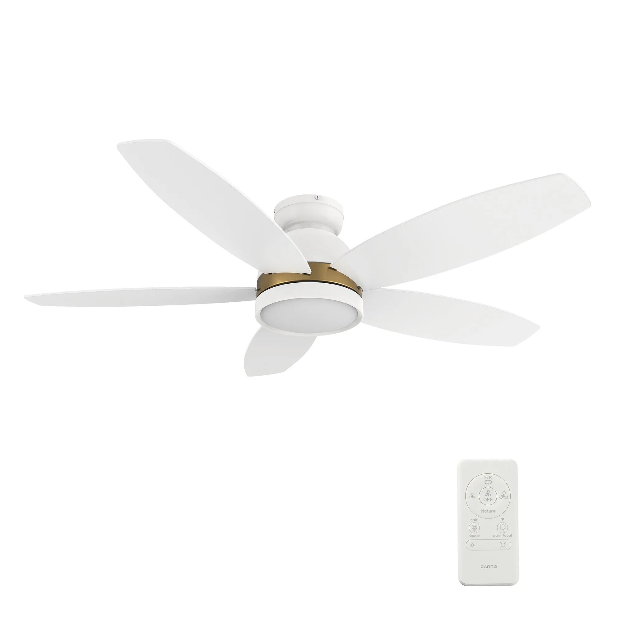 FREMONT 48 inch 5-Blade Flush Mount Smart Ceiling Fan with LED Light Kit & Remote- White/White (Gold Detail)