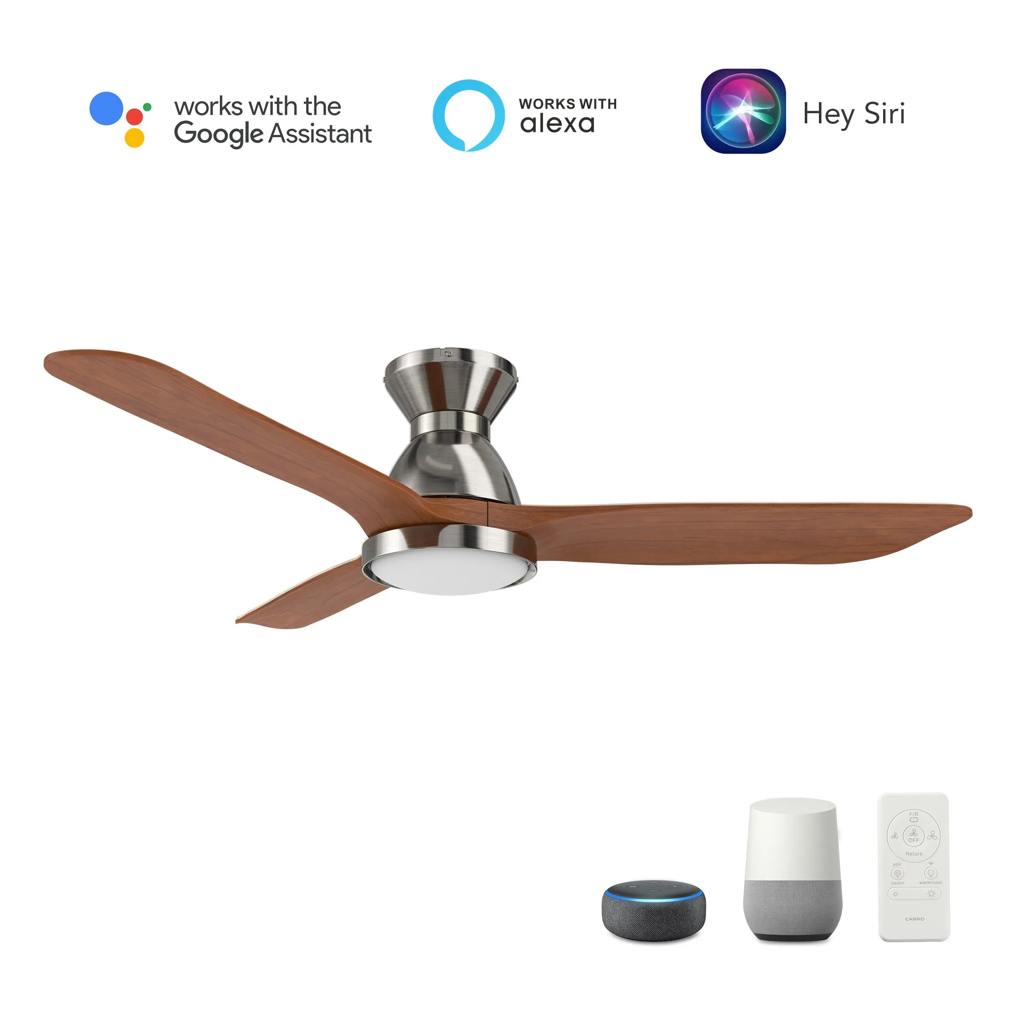 GARRICK 52 inch 3-Blade Flush Mount Smart Ceiling Fan with LED Light Kit & Remote- Silver/Red Wood